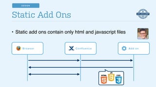 • Static add ons contain only html and javascript ﬁles
Static Add Ons
Confluence Add onBrowser
DESIGN
 