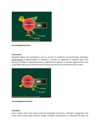 Farmacologia fluoxetinei 
Fluvoxamina 
Receptorii Sigma sunt consideraţi a avea un rol activ în modularea neurotransmisiei colinergice, 
glutamatergic e și dopaminergice. În modelele cu animale, se sugerează că receptorii sigma sunt 
implicaţi în învăţare și memorie, psihoză, comportamente agresive și anxietate. Agenţii pentru care 
proprietăţile sigma pot fi relevante includ în special fluvoxamina, dar și sertralina (Stahl, 2000). 
Farmacologia fluvoxaminei. 
Paroxetina 
Acest compus poate avea grade ușoare de proprietăţi muscarinice, colinergice antagoniste. Este 
neclar dacă aceasta poate produce inhibiţia recaptării noradrenalinei cu relevanţă din punct de 
 