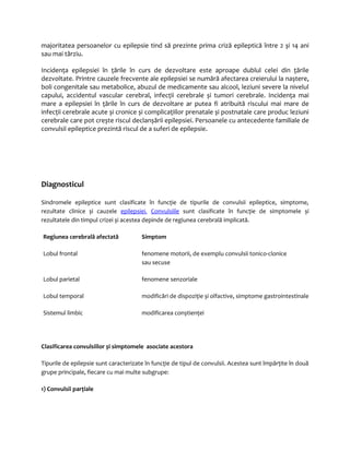 majoritatea persoanelor cu epilepsie tind să prezinte prima criză epileptică între 2 și 14 ani 
sau mai târziu. 
Incidenţa epilepsiei în ţările în curs de dezvoltare este aproape dublul celei din ţările 
dezvoltate. Printre cauzele frecvente ale epilepsiei se numără afectarea creierului la naștere, 
boli congenitale sau metabolice, abuzul de medicamente sau alcool, leziuni severe la nivelul 
capului, accidentul vascular cerebral, infecţii cerebrale și tumori cerebrale. Incidenţa mai 
mare a epilepsiei în ţările în curs de dezvoltare ar putea fi atribuită riscului mai mare de 
infecţii cerebrale acute și cronice și complicaţiilor prenatale și postnatale care produc leziuni 
cerebrale care pot crește riscul declanșării epilepsiei. Persoanele cu antecedente familiale de 
convulsii epileptice prezintă riscul de a suferi de epilepsie. 
Diagnosticul 
Sindromele epileptice sunt clasificate în funcţie de tipurile de convulsii epileptice, simptome, 
rezultate clinice și cauzele epilepsie i. Convulsiile sunt clasificate în funcţie de simptomele și 
rezultatele din timpul crizei și acestea depinde de regiunea cerebrală implicată. 
Regiunea cerebrală afectată Simptom 
Lobul frontal fenomene motorii, de exemplu convulsii tonico-clonice 
sau secuse 
Lobul parietal fenomene senzoriale 
Lobul temporal modificări de dispoziţie și olfactive, simptome gastrointestinale 
Sistemul limbic modificarea conștienţei 
Clasificarea convulsiilor și simptomele asociate acestora 
Tipurile de epilepsie sunt caracterizate în funcţie de tipul de convulsii. Acestea sunt împărţite în două 
grupe principale, fiecare cu mai multe subgrupe: 
1) Convulsii parţiale 
 