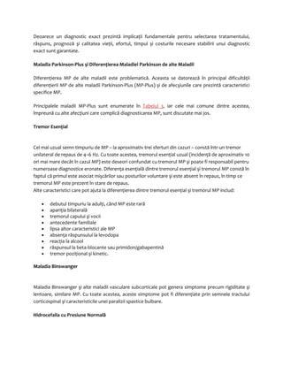 Deoarece un diagnostic exact prezintă implicaţii fundamentale pentru selectarea tratamentului, 
răspuns, prognoză şi calitatea vieţii, efortul, timpul şi costurile necesare stabilirii unui diagnostic 
exact sunt garantate. 
Maladia Parkinson-Plus şi Diferenţierea Maladiei Parkinson de alte Maladii 
Diferenţierea MP de alte maladii este problematică. Aceasta se datorează în principal dificultăţii 
diferenţierii MP de alte maladii Parkinson-Plus (MP-Plus) şi de afecşiunile care prezintă caracteristici 
specifice MP. 
Principalele maladii MP-Plus sunt enumerate în Tabelul 3, iar cele mai comune dintre acestea, 
împreună cu alte afecţiuni care complică diagnosticarea MP, sunt discutate mai jos. 
Tremor Esenţial 
Cel mai uzual semn timpuriu de MP – la aproximativ trei sferturi din cazuri – constă într-un tremor 
unilateral de repaus de 4–6 Hz. Cu toate acestea, tremorul esenţial uzual (incidenţă de aproximativ 10 
ori mai mare decât în cazul MP) este deseori confundat cu tremorul MP şi poate fi responsabil pentru 
numeroase diagnostice eronate. Diferenţa esenţială dintre tremorul esenţial şi tremorul MP constă în 
faptul că primul este asociat mişcărilor sau posturilor voluntare şi este absent în repaus, în timp ce 
tremorul MP este prezent în stare de repaus. 
Alte caracteristici care pot ajuta la diferenţierea dintre tremorul esenţial şi tremorul MP includ: 
· debutul timpuriu la adulţi, când MP este rară 
· apariţia bilaterală 
· tremorul capului şi vocii 
· antecedente familiale 
· lipsa altor caracteristici ale MP 
· absenţa răspunsului la levodopa 
· reacţia la alcool 
· răspunsul la beta-blocante sau primidon/gabapentină 
· tremor poziţional şi kinetic. 
Maladia Binswanger 
Maladia Binswanger şi alte maladii vasculare subcorticale pot genera simptome precum rigiditate şi 
lentoare, similare MP. Cu toate acestea, aceste simptome pot fi diferenţiate prin semnele tractului 
corticospinal şi caracteristicile unei paralizii spastice bulbare. 
Hidrocefalia cu Presiune Normală 
 