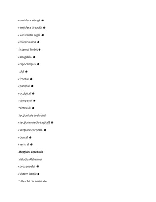 emisfera stângă 
emisfera dreaptă 
substantia nigra 
materia albă 
Sistemul limbic 
amigdala 
hipocampus 
Lobi 
frontal 
parietal 
occipital 
temporal 
Ventriculi 
Secţiuni ale creierului 
secţiune medio-sagitală 
secţiune coronală 
dorsal 
ventral 
Afecţiuni cerebrale 
Maladia Alzheimer 
prozencefal 
sistem limbic 
Tulburări de anxietate 
 