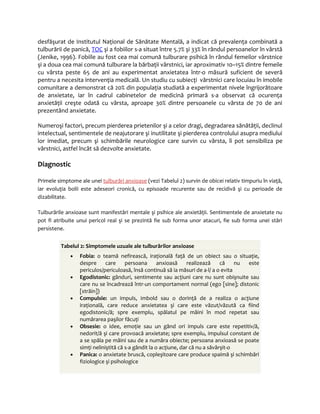 desfăşurat de Institutul Naţional de Sănătate Mentală, a indicat că prevalenţa combinată a 
tulburării de panică, TOC şi a fobiilor s-a situat între 5.7% şi 33% în rândul persoanelor în vârstă 
(Jenike, 1996). Fobiile au fost cea mai comună tulburare psihică în rândul femeilor vârstnice 
şi a doua cea mai comună tulburare la bărbaţii vârstnici, iar aproximativ 10–15% dintre femeile 
cu vârsta peste 65 de ani au experimentat anxietatea într-o măsură suficient de severă 
pentru a necesita intervenţia medicală. Un studiu cu subiecţi vârstnici care locuiau în imobile 
comunitare a demonstrat că 20% din populaţia studiată a experimentat nivele îngrijorătoare 
de anxietate, iar în cadrul cabinetelor de medicină primară s-a observat că ocurenţa 
anxietăţii creşte odată cu vârsta, aproape 30% dintre persoanele cu vârsta de 70 de ani 
prezentând anxietate. 
Numeroşi factori, precum pierderea prietenilor şi a celor dragi, degradarea sănătăţii, declinul 
intelectual, sentimentele de neajutorare şi inutilitate şi pierderea controlului asupra mediului 
lor imediat, precum şi schimbările neurologice care survin cu vârsta, îi pot sensibiliza pe 
vârstnici, astfel încât să dezvolte anxietate. 
Diagnostic 
Primele simptome ale unei tulburări anxioase (vezi Tabelul 2) survin de obicei relativ timpuriu în viaţă, 
iar evoluţia bolii este adeseori cronică, cu episoade recurente sau de recidivă şi cu perioade de 
dizabilitate. 
Tulburările anxioase sunt manifestări mentale şi psihice ale anxietăţii. Sentimentele de anxietate nu 
pot fi atribuite unui pericol real şi se prezintă fie sub forma unor atacuri, fie sub forma unei stări 
persistene. 
Tabelul 2: Simptomele uzuale ale tulburărilor anxioase 
· Fobia: o teamă nefirească, iraţională faţă de un obiect sau o situaţie, 
despre care persoana anxioasă realizează că nu este 
periculos/periculoasă, însă continuă să ia măsuri de a-l/ a o evita 
· Egodistonic: gânduri, sentimente sau acţiuni care nu sunt obişnuite sau 
care nu se încadrează într-un comportament normal (ego [sine]; distonic 
[străin]) 
· Compulsie: un impuls, imbold sau o dorinţă de a realiza o acţiune 
iraţională, care reduce anxietatea şi care este văzut/văzută ca fiind 
egodistonic/ă; spre exemplu, spălatul pe mâini în mod repetat sau 
numărarea paşilor făcuţi 
· Obsesie: o idee, emoţie sau un gând ori impuls care este repetitiv/ă, 
nedorit/ă şi care provoacă anxietate; spre exemplu, impulsul constant de 
a se spăla pe mâini sau de a număra obiecte; persoana anxioasă se poate 
simţi neliniştită că s-a gândit la o acţiune, dar că nu a săvârşit-o 
· Panica: o anxietate bruscă, copleşitoare care produce spaimă şi schimbări 
fiziologice şi psihologice 
 
