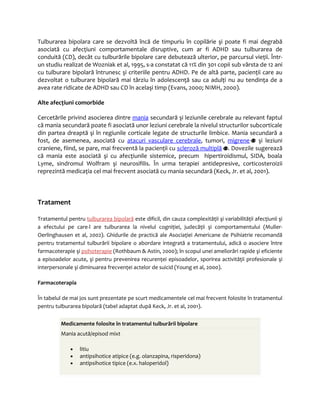 Tulburarea bipolara care se dezvoltă încă de timpuriu în copilărie şi poate fi mai degrabă 
asociată cu afecţiuni comportamentale disruptive, cum ar fi ADHD sau tulburarea de 
conduită (CD), decât cu tulburările bipolare care debutează ulterior, pe parcursul vieţii. Într-un 
studiu realizat de Wozniak et al, 1995, s-a constatat că 11% din 301 copii sub vârsta de 12 ani 
cu tulburare bipolară întrunesc şi criteriile pentru ADHD. Pe de altă parte, pacienţii care au 
dezvoltat o tulburare bipolară mai târziu în adolescenţă sau ca adulţi nu au tendinţa de a 
avea rate ridicate de ADHD sau CD în acelaşi timp (Evans, 2000; NIMH, 2000). 
Alte afecţiuni comorbide 
Cercetările privind asocierea dintre mania secundară şi leziunile cerebrale au relevant faptul 
că mania secundară poate fi asociată unor leziuni cerebrale la nivelul structurilor subcorticale 
din partea dreaptă şi în regiunile corticale legate de structurile limbice. Mania secundară a 
fost, de asemenea, asociată cu atacuri vasculare cerebrale, tumori, migrene şi leziuni 
craniene, fiind, se pare, mai frecventă la pacienţii cu scleroză multiplă . Dovezile sugerează 
că mania este asociată şi cu afecţiunile sistemice, precum hipertiroidismul, SIDA, boala 
Lyme, sindromul Wolfram şi neurosifilis. În urma terapiei antidepresive, corticosteroizii 
reprezintă medicaţia cel mai frecvent asociată cu mania secundară (Keck, Jr. et al, 2001). 
Tratament 
Tratamentul pentru tulburarea bipolară este dificil, din cauza complexităţii şi variabilităţii afecţiunii şi 
a efectului pe care-l are tulburarea la nivelul cogniţiei, judecăţii şi comportamentului (Muller- 
Oerlinghausen et al, 2002). Ghidurile de practică ale Asociaţiei Americane de Psihiatrie recomandă 
pentru tratamentul tulburării bipolare o abordare integrată a tratamentului, adică o asociere între 
farmacoterapie şi psihoterapie (Rothbaum & Astin, 2000); în scopul unei ameliorări rapide şi eficiente 
a episoadelor acute, şi pentru prevenirea recurenţei episoadelor, sporirea activităţii profesionale şi 
interpersonale şi diminuarea frecvenţei actelor de suicid (Young et al, 2000). 
Farmacoterapia 
În tabelul de mai jos sunt prezentate pe scurt medicamentele cel mai frecvent folosite în tratamentul 
pentru tulburarea bipolară (tabel adaptat după Keck, Jr. et al, 2001). 
Medicamente folosite în tratamentul tulburării bipolare 
Mania acută/episod mixt 
· litiu 
· antipsihotice atipice (e.g. olanzapina, risperidona) 
· antipsihotice tipice (e.x. haloperidol) 
 