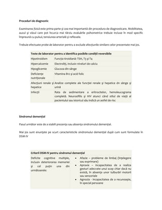 Proceduri de diagnostic 
Examinarea fizică este prima parte şi cea mai importantă din procedura de diagnosticare. Mobilitatea, 
auzul şi văzul care pot încurca mai târziu evaluările psihometrice trebuie incluse în mod specific 
împreună cu pulsul, tensiunea arterială şi reflexele. 
Trebuie efectuate probe de laborator pentru a exclude afecţiunile similare celor prezentate mai jos. 
Teste de laborator pentru a identifica posibile condiţii reversibile 
Hipotiroidism Funcţia tiroidiană: TSH, T3 şi T4 
Hipercalcemie Electroliţi, inclusiv niveluri de calciu 
Hipoglicemie Glucoza din sânge 
Deficienţe 
Vitamina B12 şi acid folic 
nutriţionale 
Afecţiuni renale şi 
hepatice 
Analize complete ale funcţiei renale şi hepatice dn sânge şi 
urină 
Infecţii Rata de sedimentare a eritrocitelor, hemoleucograma 
completă. Neurosifilis şi HIV atunci când stilul de viaţă al 
pacientului sau istoricul său indică un astfel de risc 
Sindromul demenţial 
Pasul următor este de a stabili prezenţa sau absenţa sindromului demenţial. 
Mai jos sunt enunţate pe scurt caracteristicile sindromului demenţial după cum sunt formulate în 
DSM-IV 
Criterii DSM-IV pentru sindromul demenţial 
Deficite cognitive multiple, 
inclusiv deteriorarea memoriei 
şi cel puţin una din 
următoarele: 
· Afazie – probleme de limbaj (înţelegere 
sau exprimare) 
· Apraxie – incapacitatea de a realiza 
gesturi adecvate unui scop chiar dacă nu 
există, în absenţa unor tulburări motorii 
sau senzoriale 
· Agnozia - incapacitatea de a recunoaşte, 
în special persoane 
 