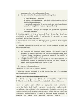 sau de a-şi aminti informaţiile deja asimilate). 
2. Una (sau mai multe) din următoarele tulburări cognitive: 
· Afazie (tulburare a limbajului) 
· Apraxie (incapacitatea de a desfăşura activităţi motorii în pofida 
unei funcţii motorii intacte) 
· Agnosia (incapacitatea de a recunoaşte sau identifica obiectele 
uzuale în pofida păstrării intacte a organelor de simţ) 
· Tulburare a funcţiei de execuţie (ex. planificare, organizare, 
ordonare, analizare) 
B. Deficitele cognitive în A1 şi A2 provoacă, fiecare dintre ele, o deteriorare 
semnificativă a activităţii sociale şi profesionale şi reprezintă un declin 
semnificativ faţă de nivelul precedent. 
C. Parcursul este caracterizat prin debut progresiv şi printr-un declin cognitiv 
continuu. 
D. Deficitele cognitive din criteriile A1 şi A2 nu se datorează niciuneia din 
următoarele afecţiuni: 
1. Alte afecţiuni ale sistemului nervos central care provoacă deficite 
progresive de memorie şi cogniţie (ex. afecţiune cerebrovasculară, boala 
Parkinson, boala Huntington, hematomul subdural, hidrocefalie cu 
presiune normală, tumoră craniană) 
2. Condiţiile sistemice care sunt cunoscute ca provocând demenţă (ex. 
hipotiroidism, carenţă de vitamina B12 sau de acid folic, carenţa de 
niacină, hipercalcemie, neurosifilis, infecţie cu HIV) 
3. Afecţiuni induse de substanţe 
E. Deficitele nu au loc doar pe perioada delirului 
F. Tulburarea nu este justificată de o altă afecţiune din Axa I (ex. tulburare 
depresivă majoră, schizofrenie) 
Codurile DSM-IV pentru demenţa de tip Alzheimer 
Cod bazat pe tipul de debut şi caracteristicile predominante. 
Cu debut timpuriu: dacă se instalează la vârsta de 65 de ani sau mai devreme 
290.11 Cu delir: dacă delirul se suprapune peste demenţă 
290.12 Cu iluzii: dacă iluziile reprezintă caracteristica predominantă 
290.13 Cu stare depresivă: dacă există stare depresivă (incluzând prezentările care 
întrunesc toate criteriile simptomatice pentru un episod depresiv major) este 
caracteristica predominantă. Nu s-a stabilit un diagnostic separat al tulburării de 
dispoziţie din cauza unei afecţiuni medicale generale 
 