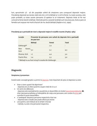 luni, aproximativ 3% - 4% din populaţie suferă de simptome care corespund depresiei majore. 
Prevalenţa depresiei pe durata vieţii este de 5-12% la bărbaţi şi 12-20% la femei. Cu toate acestea, este 
puţin probabil, ca toate aceste persoane că apeleze la un tratament. Depresia tinde să fie mai 
comună la femei decât la bărbaţi. Motivele pentru această tendinţă sunt necunoscute, însă se pare că 
femeile sunt expuse mai mult la factorii de risc decât bărbaţii (Kaplan et al., 1994). 
Prevalenţa pe o perioadă de 6 luni a depresiei majore în studiile recente (Paykel, 1989) 
Locaţie Procentul de persoane care suferă de depresie într-o perioadă 
de şase luni 
. Bărbaţi Femei Total 
Edinburgh* - 7.0 - 
New Haven, 
3.2 5.2 4.3 
SUA 
Diverse, SUA 1.7 4.0 3.0 
Puerto Rico 2.4 3.3 3.0 
* Bărbaţii nu au fost incluşi în studiul din Edinburgh. 
Diagnostic 
Simptome şi prezentare 
Există multe concepţii greşite cu privire la depresie. Este important de ştiut că depresia nu este: 
· Doar o stare uşoară ‘de deprimare' 
- depresia are un efect puternic asupra vieţii de zi cu zi 
· Un semn de slăbiciune 
- depresia este esenţialmente cauzată de un dezechilibru la nivelul neurotransmiţătorilor , 
chiar dacă personalitatea şi întâmplările din viaţa unei persoane care conduc la stres pot 
contribui la acest dezechilibru 
· o 'pedeapsă' deoarece persoana respectivă a fost rea 
- depresia este o boală care poate afecta pe oricine 
· ceva pentru care trebuie să ne simţim vinovaţi 
- reţineţi, nu este vina persoanei respective. 
 