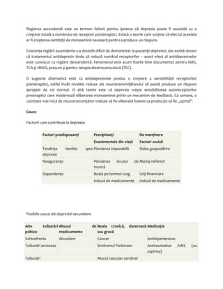 Reglarea ascendentă este un termen folosit pentru ipoteza că depresia poate fi asociată cu o 
creștere totală a numărului de receptori postsinaptici. Există o teorie care susţine că efectul acesteia 
ar fi creșterea cantităţii de monoamină necesară pentru a produce un răspuns. 
Existenţa reglării ascendente s-a dovedit dificil de demonstrat la pacienţii depresivi, dar există dovezi 
că tratamentul antidepresiv tinde să reducă numărul receptorilor – acest efect al antidepresivelor 
este cunoscut ca reglare descendentă. Fenomenul este acum foarte bine documentat pentru ISRS, 
TCA și IMAO, precum și pentru terapia electroconvulsivă (TEC). 
O sugestie alternativă este că antidepresivele produc o creștere a sensibilităţii receptorilor 
postsinaptici, astfel încât nivelele reduse ale neurotransmiţătorului să poată produce un răspuns 
apropiat de cel normal. O altă teorie este că depresia crește sensibilitatea autoreceptorilor 
presinaptici care moderează eliberarea monoaminei printr-un mecanism de feedback. Ca urmare, o 
cantitate mai mică de neurotransmiţător trebuie să fie eliberată înainte ca producţia să fie „oprită”. 
Cauze 
Factorii care contribuie la depresie: 
Factori predispozanţi Precipitanţi De menţinere 
. Evenimentele din viaţă Factori sociali 
Tendinţa familiei spre 
depresie 
Pierderea ireparabilă Slaba gospodărire 
Nesiguranţa Pierderea locului de 
muncă 
Mariaj nefericit 
Dependenţa Boala pe termen lung Griji financiare 
. Indusă de medicamente Indusă de medicamente 
Posibile cauze ale depresiei secundare: 
Alte tulburări 
psihice 
Abuzul de 
medicamente 
Boala cronică, dureroasă 
sau gravă 
Medicaţia 
Schizofrenia Alcoolism Cancer Antihipertensive 
Tulburări anxioase . Sindromul Parkinson Antireumatice AINS (ex. 
aspirina) 
Tulburări . Atacul vascular cerebral . 
 