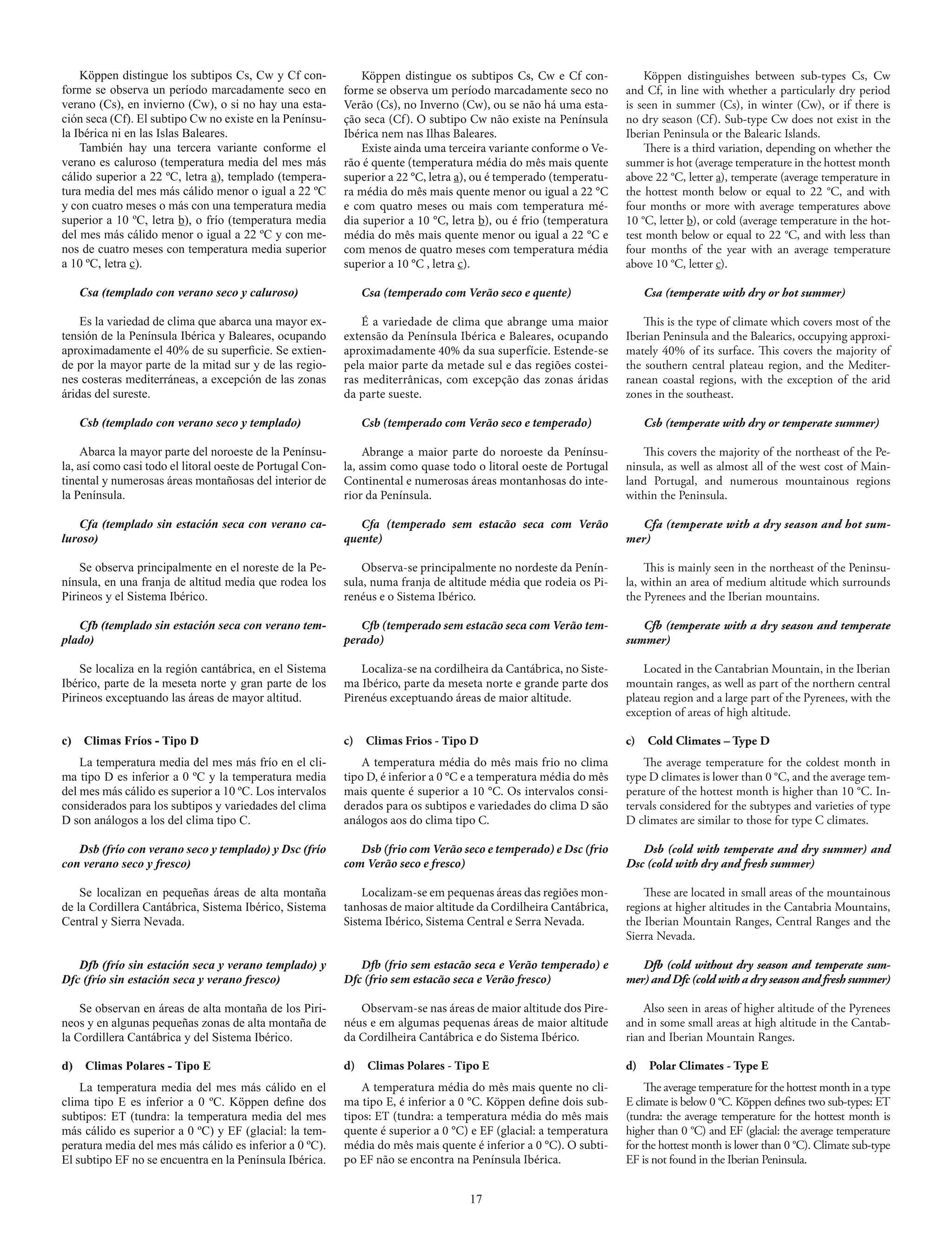 Köppen distingue los subtipos Cs, Cw y Cf con-             Köppen distingue os subtipos Cs, Cw e Cf con-             Köppen distinguishes between sub-types Cs, Cw
forme se observa un período marcadamente seco en           forme se observa um período marcadamente seco no          and Cf, in line with whether a particularly dry period
verano (Cs), en invierno (Cw), o si no hay una esta-       Verão (Cs), no Inverno (Cw), ou se não há uma esta-       is seen in summer (Cs), in winter (Cw), or if there is
ción seca (Cf). El subtipo Cw no existe en la Penínsu-     ção seca (Cf). O subtipo Cw não existe na Península       no dry season (Cf ). Sub-type Cw does not exist in the
la Ibérica ni en las Islas Baleares.                       Ibérica nem nas Ilhas Baleares.                           Iberian Peninsula or the Balearic Islands.
    También hay una tercera variante conforme el               Existe ainda uma terceira variante conforme o Ve-         There is a third variation, depending on whether the
verano es caluroso (temperatura media del mes más          rão é quente (temperatura média do mês mais quente        summer is hot (average temperature in the hottest month
cálido superior a 22 ºC, letra a), templado (tempera-      superior a 22 °C, letra a), ou é temperado (temperatu-    above 22 °C, letter a), temperate (average temperature in
tura media del mes más cálido menor o igual a 22 ºC        ra média do mês mais quente menor ou igual a 22 °C        the hottest month below or equal to 22  °C, and with
y con cuatro meses o más con una temperatura media         e com quatro meses ou mais com temperatura mé-            four months or more with average temperatures above
superior a 10 ºC, letra b), o frío (temperatura media      dia superior a 10 °C, letra b), ou é frio (temperatura    10 °C, letter b), or cold (average temperature in the hot-
del mes más cálido menor o igual a 22 ºC y con me-         média do mês mais quente menor ou igual a 22 °C e         test month below or equal to 22 °C, and with less than
nos de cuatro meses con temperatura media superior         com menos de quatro meses com temperatura média           four months of the year with an average temperature
a 10 ºC, letra c).                                         superior a 10 °C , letra c).                              above 10 °C, letter c).

     Csa (templado con verano seco y caluroso)                  Csa (temperado com Verão seco e quente)                   Csa (temperate with dry or hot summer)

    Es la variedad de clima que abarca una mayor ex-           É a variedade de clima que abrange uma maior              This is the type of climate which covers most of the
tensión de la Península Ibérica y Baleares, ocupando       extensão da Península Ibérica e Baleares, ocupando        Iberian Peninsula and the Balearics, occupying approxi-
aproximadamente el 40% de su superficie. Se extien-        aproximadamente 40% da sua superfície. Estende-se         mately 40% of its surface. This covers the majority of
de por la mayor parte de la mitad sur y de las regio-      pela maior parte da metade sul e das regiões costei-      the southern central plateau region, and the Mediter-
nes costeras mediterráneas, a excepción de las zonas       ras mediterrânicas, com excepção das zonas áridas         ranean coastal regions, with the exception of the arid
áridas del sureste.                                        da parte sueste.                                          zones in the southeast.

     Csb (templado con verano seco y templado)                  Csb (temperado com Verão seco e temperado)                Csb (temperate with dry or temperate summer)

     Abarca la mayor parte del noroeste de la Penínsu-          Abrange a maior parte do noroeste da Penínsu-           This covers the majority of the northeast of the Pe-
la, así como casi todo el litoral oeste de Portugal Con-   la, assim como quase todo o litoral oeste de Portugal     ninsula, as well as almost all of the west cost of Main-
tinental y numerosas áreas montañosas del interior de      Continental e numerosas áreas montanhosas do inte-        land Portugal, and numerous mountainous regions
la Península.                                              rior da Península.                                        within the Peninsula.

   Cfa (templado sin estación seca con verano ca-             Cfa (temperado sem estacão seca com Verão                Cfa (temperate with a dry season and hot sum-
luroso)                                                    quente)                                                   mer)

    Se observa principalmente en el noreste de la Pe-          Observa-se principalmente no nordeste da Penín-           This is mainly seen in the northeast of the Peninsu-
nínsula, en una franja de altitud media que rodea los      sula, numa franja de altitude média que rodeia os Pi-     la, within an area of medium altitude which surrounds
Pirineos y el Sistema Ibérico.                             renéus e o Sistema Ibérico.                               the Pyrenees and the Iberian mountains.

   Cfb (templado sin estación seca con verano tem-            Cfb (temperado sem estacão seca com Verão tem-            Cfb (temperate with a dry season and temperate
plado)                                                     perado)                                                   summer)

    Se localiza en la región cantábrica, en el Sistema         Localiza-se na cordilheira da Cantábrica, no Siste-       Located in the Cantabrian Mountain, in the Iberian
Ibérico, parte de la meseta norte y gran parte de los      ma Ibérico, parte da meseta norte e grande parte dos      mountain ranges, as well as part of the northern central
Pirineos exceptuando las áreas de mayor altitud.           Pirenéus exceptuando áreas de maior altitude.             plateau region and a large part of the Pyrenees, with the
                                                                                                                     exception of areas of high altitude.

c)   Climas Fríos - Tipo D                                 c) Climas Frios - Tipo D                                  c) Cold Climates – Type D
    La temperatura media del mes más frío en el cli-           A temperatura média do mês mais frio no clima             The average temperature for the coldest month in
ma tipo D es inferior a 0 ºC y la temperatura media        tipo D, é inferior a 0 °C e a temperatura média do mês    type D climates is lower than 0 °C, and the average tem-
del mes más cálido es superior a 10 ºC. Los intervalos     mais quente é superior a 10 °C. Os intervalos consi-      perature of the hottest month is higher than 10 °C. In-
considerados para los subtipos y variedades del clima      derados para os subtipos e variedades do clima D são      tervals considered for the subtypes and varieties of type
D son análogos a los del clima tipo C.                     análogos aos do clima tipo C.                             D climates are similar to those for type C climates.

   Dsb (frío con verano seco y templado) y Dsc (frío          Dsb (frio com Verão seco e temperado) e Dsc (frio         Dsb (cold with temperate and dry summer) and
con verano seco y fresco)                                  com Verão seco e fresco)                                  Dsc (cold with dry and fresh summer)

    Se localizan en pequeñas áreas de alta montaña             Localizam-se em pequenas áreas das regiões mon-           These are located in small areas of the mountainous
de la Cordillera Cantábrica, Sistema Ibérico, Sistema      tanhosas de maior altitude da Cordilheira Cantábrica,     regions at higher altitudes in the Cantabria Mountains,
Central y Sierra Nevada.                                   Sistema Ibérico, Sistema Central e Serra Nevada.          the Iberian Mountain Ranges, Central Ranges and the
                                                                                                                     Sierra Nevada.

   Dfb (frío sin estación seca y verano templado) y           Dfb (frio sem estacão seca e Verão temperado) e           Dfb (cold without dry season and temperate sum-
Dfc (frío sin estación seca y verano fresco)               Dfc (frio sem estacão seca e Verão fresco)                mer) and Dfc (cold with a dry season and fresh summer)

    Se observan en áreas de alta montaña de los Piri-         Observam-se nas áreas de maior altitude dos Pire-          Also seen in areas of higher altitude of the Pyrenees
neos y en algunas pequeñas zonas de alta montaña de        néus e em algumas pequenas áreas de maior altitude        and in some small areas at high altitude in the Cantab-
la Cordillera Cantábrica y del Sistema Ibérico.            da Cordilheira Cantábrica e do Sistema Ibérico.           rian and Iberian Mountain Ranges.

d) Climas Polares - Tipo E                                 d)    Climas Polares - Tipo E                             d)    Polar Climates - Type E
    La temperatura media del mes más cálido en el              A temperatura média do mês mais quente no cli-             The average temperature for the hottest month in a type
clima tipo E es inferior a 0 ºC. Köppen define dos         ma tipo E, é inferior a 0 °C. Köppen define dois sub-     E climate is below 0 °C. Köppen defines two sub-types: ET
subtipos: ET (tundra: la temperatura media del mes         tipos: ET (tundra: a temperatura média do mês mais        (tundra: the average temperature for the hottest month is
más cálido es superior a 0 ºC) y EF (glacial: la tem-      quente é superior a 0 °C) e EF (glacial: a temperatura    higher than 0 °C) and EF (glacial: the average temperature
peratura media del mes más cálido es inferior a 0 ºC).     média do mês mais quente é inferior a 0 °C). O subti-     for the hottest month is lower than 0 °C). Climate sub-type
El subtipo EF no se encuentra en la Península Ibérica.     po EF não se encontra na Península Ibérica.               EF is not found in the Iberian Peninsula.


                                                                                     17
 