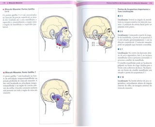178   . MúsculoMasseter                        Pontos Gatilho e de Acupuntura no Músculo Masseter    179


... Músculo Masseter. Pontos Gatilho                        Pontos de Acupuntura Importantes e
    5e6                                                     Suas Localizações
Os pontos gatilho 5 e 6 são encontrados                     . E5
na inserção da porção superficial; as áreas
de dor irradiada são o osso mandibular, o                   Localização: Ventral ao ângulo da mandí-
supercílio e, possivelmente, a região entre                 bula na margem anterior do músculo mas-
o ângulo da mandíbula e o supereílio ipsi-                  seter. A pulsação da artéria facial pode ser
lateral.                                                    palpada neste ponto.

                                                            . E6
                                                            Localização: Começando a partir do ângu-
                                                            lo da mandíbula, o ponto de acupuntura E
                                                            6 está situado aproximadamente 1 cun na
                                                            direção craniofacial. O músculo masseter
                                                            pode ser palpado aqui durante a mordida.

                                                            . E7
                                                            Localização: No centro da depressão abai-
                                                            xo do arco zigomático, isto é, na incisura
                                                            mandibular entre o processo coronóide e o
                                                            processo condilar da mandíbula.
                                                            O côndilo mandibular pode ser facilmente
                                                            palpado na frente do trago (desliza para a
                                                            frente com a abertura da boca). Na depres-
                                                            são em frente do côndilo mandibular está
... Músculo   Masseter.   Ponto Gatilho   7                 situado o ponto de acupuntura    E 7.

O ponto gatilho 7 está localizado na fren-                  . E18
te da articulação temporomandibular       na
porção profunda do músculo masseter. A                      Localização: Na borda inferior do arco zi-
dor está localizada na articulação tempo-                   gomático, verticalmente abaixo do ângulo
romandibular     e na região da concha infe-                externo do olho, na margem anterior do
rior da orelha. Uma dor constante também                    músculo masseter.
 está presente em toda a região do músculo
 masseter.
 