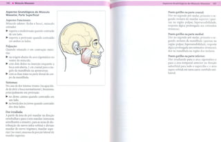 Aspectos Gnatológicos do Músculo                 Ponto gatilho na parte cranial:
Masseter, Parte Superficial                      Dor no segundo pré-molar, primeiro e se-
Aspectos Funcionais:                             gundo molares do maxilar superior (quei-
Músculo adutor (fecha a boca), músculo           xas na região pulpar, hipersensibilidade,
estirado r                                       resposta álgica prolongada aos estímulos
                                                 térmicos).
~ suporta a mediotrusão quando contraído
  de um lado.                                    Ponto gatilho na parte medial:
~ suporta a protrusão quando contraído           Dor no segundo pré-molar, primeiro e se-
  em ambos os lados.                             gundo molares da mandíbula (queixas na
                                                 região pulpar, hipersensibilidade, resposta
Palpação:
                                                 álgica prolongada aos estímulos térmicos);
Quando relaxado      e em contração     máxi-
ma:                                              dor na mandíbula na região dos molares.

~ na origem abaixo do arco zigomático no         Ponto gatilho na parte inferior:
  ventre do músculo.                             Dor irradiando para o arco zigomático e
~ com dois dedos na inserção enquanto a          para a área temporal anterior na direção
  boca está aberta, 1 cm cranial para o ân-      suborbital para todo o supercílio e o arco
  guio da mandíbula na aponeurose.               supra-orbital; em raros casos: zumbido uni-
                                                 lateral.
~ com as duas mãos na parte dorsal do cor-
  po da mandíbula.
Sintomas:
No caso de dor intensa: trismo (incapacida-
de de abrir a boca normalmente), bruxismo,
principalmente   em protrusão
~ no dente canino quando        contraído   em
  um lado.
~ na borda dos incisivos quando contraído
  dos dois lados.

Dor irradiada:
A partir da área do pré- maxilar na direção
retrobulbar e para o seio maxilar (sintomas
semelhantes a sinusite), para as áreas de dis-
tribuição do nervo infra-orbital e divisão
maxilar do nervo trigêmeo, maxilar supe-
rior (no osso), mucosa da porção lateral do
maxilar superior.
 