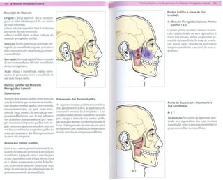 --------
  f8T   . Músculo Pterigóideo Lateral                       ---
                                                                                                   ..
                                                                                                             .!ontos   Gatilho e de Acupuntura no MÚsculo Pterigóid;;   Later.:í   18Q


                                                                                                                                        Pontos Gatilho e Áreas de Dor
  Descrição do Músculo
                                                                                                                                        Irradiada
  Origem: Cabeça superior: fáscia infratem-
  poral e crista infTatemporal da asa maior                                                                                             ... Músculo Pterigóideo    Lateral. Pontos
  do osso esfenóide;                                                                                                                        Gatilho 1 e 2
  cabeça inferior: superfície lateral da lâmina
                                                                                                                                        O ponto gatilho na parte craniana do mús-
  pterigóide do osso esfenóide;
                                                                                                                                        culo está localizado no arco zigomático, o
  cabeça caudal: entre as duas cabeças do
                                                                                                                                        outro está situado abaixo do processo co-
  músculo pterigóideo medial.                                                                                                           ronóide da mandíbula. As áreas de irradia-
  Inserção: Borda superior da depressão pte-                                                                                            ção típicas estão situadas na articulação
  rigóide da manill'bula, cápsula articular e                                                                                           tem poro mandibular e ao nível do arco zi-
  disco intra-articular da articulação tempo-                                                                                           gomático.
  romandibular.

  Inervação: Nervo pterigóide lateral oriundo
  do nervo mandibular (divisão mandibular
  do nervo trigêmeo).

  Ação: Abaixa a mandíbula, realiza movi-
  mento de protrusão, move a mandíbula de
  um lado para o outro.

  Pontos Gatilho do Músculo
  Pterigóideo Lateral
  Comentários

  Existem dois pontos gatilho neste músculo       Tratamento dos Pontos Gatilho
  com dois ventres que raramente se manifes-                                                                                            Ponto de Acupuntura Importante e
  tam durante eventos agudos (por exemplo,        As seguintes terapias podem ser considera-                                            Sua Localização
                                                  das: agulhamento a seco, acupuntura con-
  traumatismos) mas, em geral, como resul-
  tado de força crônica da articulação tem-       vencional e anestesia local terapêutica. É ne-
                                                  cessário conhecimento anatômico acurado
                                                                                                                                        . E7
  poromandibular     no caso de má oclusão e
                                                  para atingir o músculo. Os pontos gatilho                                             Localização: No centro da depressão abai-
  nos distúrbios psicossomáticos (por exem-
                                                  são atingidos apenas com profundidade de                                              xo do arco zigomático, isto é, na incisura
  plo, bruxismo). Os pontos gatilho nesta re-
                                                  3 em. O alongamento do músculo, em geral,                                             mandibular entre o processo coronóide e o
  gião raramente aparecem sozinhos, mas, em
                                                  só é possível com mobilização fisioterapêu-                                           processo condilar da mandíbula.
  vez disso, combinados aos pontos gatilho do
  músculo masseter e das fibras posteriores       tica da articulação temporomandibular.
  do músculo temporal.

  Exame dos Pontos Gatilho

  Com a boca aberta aproximadamente     3 em,
  a parte do músculo próxima à articulação
  mandibular é palpada entre a articulação e
  o osso zigomático; com a boca aberta cerca
  de 5 a 8 mm e começando a partir da boche-
  cha, as partes do músculo localizadas mais
  longe da articulação são palpadas acima do                                                            E7
  processo coronóide da mandíbula.
 