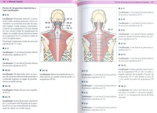 ....
                                                                                                         .                          -
Pontos   de Acupuntura     Importantes    e                                                                                                         8B17
Suas localizações
                                                                                                                                                    Localização: 1,5 cun lateral à borda inferior
8 B10                                                                                                                                               do processo espinhoso de T7.

LocalizaçãO: Orientação vertical: 1,3cun la-                                                                                                        8 B 18
teral à linha mediana posterior (Vaso Goc
vernador) na protrusão muscular do mús-                                                                                                             Localização: 1,5 cun lateral à borda inferior
culo trapézio (onde começa a descender).                                                                                                            do processo espinhoso de T9.
O ponto de acupuntura B 10 está situado
                                                                                                                                                    8 B43
0,5 cun cranial à linha de implantação do
cabelo no sentido dorsal, lateral ao ponto                                                                                                          Localização: 3 cun lateral à linha mediana
de acupuntura VG 15, próximo à saída do                                                                                                             posterior, abaixo da borda inferior do pro-
nervo occipital maior.                                                                                                                              cesso espinhoso de T4.
Orientação horizontal: acima do processo
espinhoso de C2 (eixo).                                                                                                                             81D14

8 B 11                                                                                                                                              Localização: 3 cun lateral ao processo es-
                                                                                                                                                    pinhoso de TI.
Localização: 1,5 cun lateral à borda inferior
do processo espinhoso de TI.                                                                                                                        81D 15

8 B 12                                                                                                                                              Localização: 2 cun lateral à borda inferior
                                                                                                                                                    do processo espinhoso de C7.
Localização: 1,5 cun lateral à borda inferior
do processo espinhoso de T2.                                                                                                                        8 TA 15

8 VB20                                          8 VG16                                                                                              Localização: A meio caminho entre os pon-
                                                                                                    8B13
                                                                                                                                                    tos de acupuntura VB 21 e ID 13, sobre o
Localização: Na depressão entre as inser-       Localização: Abaixo da protuberância occi-          Localização: 1,5 cun lateral à borda inferior   ângulo superior da escápula. O ponto de
ções do músculo esternocleidomastóideo   e      pital externa no mesmo nível do ponto de            do processo espinhoso de n.                     acupuntura TA 15 está situado a cerca de
o músculo trapézio na região da protube-        acupuntura VB 20.                                                                                   1 cun caudal ao ponto de acupuntura VB
rância occipital externa.                                                                           8 B14                                           21.

8 VG14                                                                                              Localização: 1,5 cun lateral à borda inferior   8 VB 21
                                                                                                    do processo espinhoso de T4.
Localização:   Abaixo do processo espinho-                                                                                                          Localização: No centro da linha de cone-
so de O.                                                                                            8 B 15                                          xão entre o acrômio e o processo espinho-
                                                                                                                                                    so de C7, no alongamento dorsal da linha
8 VG15                                                                                              Localização: 1,5 cun lateral à borda inferior   mamilar.
                                                                                                    do processo espinhoso de T5.
Localização: Acima do processo espinhoso
de C2 no mesmo nível do ponto de acupun-                                                            8 B16
turaB 10,0,5 cun acima da linha de implan-
tação do cabelo no sentido dorsal.                                                                  Localização: 1,5 cun lateral à borda inferior
                                                                                                    do processo espinhoso de T6.
 