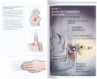 xx

A Medida Proporcional Baseada no Cun
                                                1 cun
dos Dedos das Mãos
                                               I---!
A distância da prega de flexão palmar da ar-
ticulação interfalângica proximal à prega de
flexão palmar da articulação interfalângica
distal do dedo médio é de 1 cun.
    Na sua maior largura, o polegar mede
1 cun.
     Os dedos médio e indicador, juntos, me-
dem 1,5 cun na região mais distal.
   Os dedos médio, indicador e anular, jun-
                                                                                         !i!I
tos, medem 2 cun na região mais dista!.                        ...                       '<I
     Os dedos médio, indicador, anular e mí-
nimo,juntos,   medem 3 cun na área mais lar-
ga de um nó do dedo ao outro.
                                                        <:.1f;
                                                         '             "' -
                                                                     i ':~.".   ..
                                                                                     .

                                                                                     .
                                                                                         ~      ti' .~
                                                                                                    rJ
                                                          'I "fI ti ,..,;14''''                               11
                                               1cun            '         'I:            ~                    ..
                                               1--1      'i:

                                                           '-'rclI              zito            Ml'fic:4       '~
                                                                 (cDrte tra n5'VtrsaIJ~



                                                                                                         E7




                                                                     Pror..,o .i                           !i'
                                                                                                             I!j
                                                                                                            'I ~
                                                                     1:0,."J'. t
                      ~!!hI                                          ( corte
                                                                     t,. "I",
 