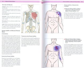 - ~-            -~--~--                  - --      ~
 Descrição do Músculo                                                                           Pontos Gatilho e Áreas de Dor
                                                                                                Irradiada
 Origem: Cabeça clavicular: metade medial
 da clavícula;
                                                                                                .À. Músculo Peitoral Maior (Cabeça
cabeça esternocostal: plano anterior do es-                                                         Clavicular do Músculo Peitoral
terno e cartilagens costais das seis costelas                                                       Maior), Pontos Gatilho 1 e 2
superiores;
parte abdominal: placa anterior do músculo                                                      Existem dois pontos gatilho no terço médio
reto do abdome.                                                                                 da cabeça da clavícula; suas principais áreas
                                                                                                de irradiação situam-se na porção ventral
Inserção: Crista do tubérculo menor do
                                                                                                do músculo deltóide. Isto se aplica apenas
úmero (a inserção das partes inferiores é
                                                                                                ao músculo peitoral maior esquerdo.
mais cranial).

Inervação: Nervos peitorais medial e late-
ral (C5 a TI).

Ação: Realiza movimentos de adução, fle-
xão e rotação do braço para dentro, abaixa
o ombro, retrai a escápula após elevação,
músculo respiratório acessório.

Pontos Gatilho no Músculo Peitoral
Maior
Comentários

Este músculo tem pontos gatilho em cinco         Tratamento   dos Pontos Gatilho
áreas diferentes de acordo com sua estrutura
anatômica. Pontos gatilho ativos podem ser       Pelo método convencional de agulhamento
                                                                                                .À.Músculo Peitoral Maior (Cabeça
comuns no caso de posição de tensão ester-       ou anestesia local terapêutica e pela disso-      Esternocostal do Músculo Peitoral
nossintisária (com movimento de rotação          lução das faixas tensas utilizando estimula-
                                                                                                   Maior Esquerdo), Pontos Gatilho
dos ombros para a frente), mas também no         ção intramuscular. Após o procedimento é          3aS
caso de tensão aguda (transporte de itens        realizado alongamento passivo do músculo
pesados) ou no caso de estresse físico não       com rotação do braço para fora e retração      Os três pontos gatilho da parte esternocostal
habitual. Entretanto, sintomas com irradia-      dos ombros.                                    têm suas principais áreas de irradiação di-
ção para a região torácica anterior superior                                                    retamente sobre o músculo peitoral maior.
também aparecem nos casos de cardiopatia                                                        Outra área de irradiação é encontrada pró-
coronária e de infarto do miocárdio. Por ou-                                                    ximo ao nível do músculo flexor do carpo
tro lado, sintomas persistentes após este tipo                                                  da ulna e na porção interna do braço, bem
de evento indicam pontos gatilho ativos do                                                      como próximo dos dedos médio e anular.
músculo peitoral maior.                                                                         Isto se aplica apenas ao músculo peitoral
                                                                                                maior esquerdo.
Exame dos Pontos Gatilho

Respostas locais podem ser, com freqüên-
cia, deflagradas pela palpação direta ou
pelo movimento de pinça na parte lateral
do músculo enquanto o mesmo é estirado
na direção desejada por meio de abdução
horizontal do braço e retração simultânea
das articulações do ombro.
 