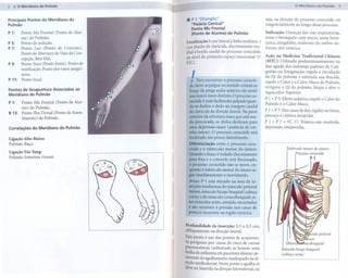 o Meridiano do Pulmão      3
                                             ~


Principais Pontos do Meridiano do
Pulmão
                                                 .   P 1 "Zhongfu"
                                                     "Palácio Central"
                                                                                                     seja, na direção do processo coracóide, ou
                                                                                                     tangencialmente ao longo desse processo.
                                                     Ponto Mu Frontal
P 1:  Ponto Mu Frontal (Ponto de Alar-               (Ponto de Alarme) do Pulmão                     Indicação: Doenças das vias respiratórias,
      me) do Pulmão.                                                                                 tosse e bronquite com muco, asma brôn-
P 5: Ponto de sedação.                           Localização: 6 cun lateral à linha mediana, 1       quica, amigdalite, síndrome do ombro do-
P 7: Ponto Luo (Ponto de Conexão).               cun abaixo da clavícula, discretamente me-          loroso, dor torácica.
      Ponto de Abertura do Vaso da Con-          dial à borda caudal do processo coracóide,
                                                 ao nível do primeiro espaço intercostal (1      Q
                                                                                                     Ação na Medicina Tradicional Chinesa
      cepção, Ren Mai.                                                                               (MTC): Utilizado predominantemente      na
P 9: Ponto Yuan (Ponto Fonte). Ponto de          EIC).
                                                                                                     fase aguda dos sintomas padrões de Con-
      tonificação. Ponto dos vasos sanguí-
      neos.
P 11: Ponto local.                                   I
                                                    . Para encontrar o processo coracol-
                                                                                          "
                                                                                                     gestão ou Estagnação; regula a circulação
                                                                                                     do Qi do pulmão e estimula sua descida,
                                                                                                     expele o Calor e o Calor-Muco do Pulmão,
                                                   de, deve-se palpar no sentido cranial ao
Pontos de Acupuntura Associados ao                                                                   revigora o Qi do pulmão,      limpa e abre o
                                                   longo da prega axilar anterior até sentir         Aquecedor Superior.
Meridiano do Pulmão                                um marco ósseo distinto. O processo co-
                                                                                                     P 1 + P 5: Efeito sedativo; expele o Calor do
P 1:  Ponto Mu Frontal (Ponto de Alar-             racóide é mais facilmente palpado quan-           Pulmão e o Calor-Muco.
      me) do Pulmão.                               do se desliza o dedo na margem caudal
                                                   da clavícula na direção lateral. Na parte         P 1 + P 7: Nos casos de dor, rigidez no tórax,
B 13: Ponto Shu Dorsal (Ponto de Assen-
                                                   anterior da estrutura óssea que está sen-         pescoço e cintura escapular.
      timento) do Pulmão.
                                                   do procurada, os dedos deslizam para              P 1 + P 7 + VC 17: Tristeza não resolvida,
Correlações do Meridiano do Pulmão                 uma depressão suave (ausência de cos-             depressão, melancolia.
                                                   telas ósseas). O processo coracóide está
Ligação Alto-Baixo:                                localizado um pouco lateralmente.
Pulmão-Baço                                        Diferenciação   entre o processo cora-
                                                   cóide e o tubérculo menor do úmero:                            Tubérculomenordo úmero
Ligação Yin-Yang:                                  Quando o braço é rodado discretamente                              Processo oracóide
                                                                                                                             c
Pulmão-Intestino Grosso                                                                                                       P1
                                                   para fora e o cotovelo está flexionado,
                                                   o processo coracóide não se move, en-
                                                   quanto o tubérculo menor do úmero se-
                                                   gue imediatamente o movimento.
                                                   Aviso:       está situado na área de in-
                                                   serções tendinosas do músculo peitoral
                                                   menor, músculo bíceps braquial (cabeça
                                                   curta) e do músculo coracobraquial; es-
                                                   ses músculos estão, amiúde, encurtados
                                                   e são sensíveis à pressão nos casos de
                                                   postura incorreta na região torácica.


                                                 Profundidade     da inserção: 0,3 a 0,5 cun,
                                                 obliquamente    na direção lateral.
                                                                                                                            lsculo peitoral
                                                 Este ponto é um dos pontos de acupuntu-                           , ,~~,enor
                                                 ra perigosos por causa do risco de causar                       MúscÚ~racobraquial
                                                 pneumotórax    (sobretudo se houver uma
                                                                                                               Músculo bícepsbraquial
                                                 bolha de enfisema em pacientes idosos) de-                    (cabeçacurta)
                                                 corrente do agulhamento inadequado na di-
                                                 reção mediodorsal. Neste ponto a agulha só
                                                 deve ser inserida na direção laterodorsal, ou
 