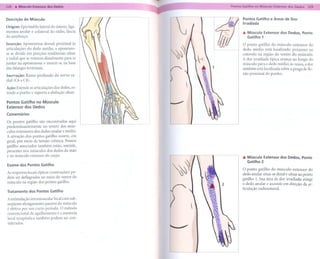 ......

Descrição do Músculo                                    Pontos Gatilho e Áreas de Dor
                                                        Irradiada
Origem: Epicôndilo lateral do úmero, liga-
mentos anular e colateral do rádio, fáscia              '" Músculo Extensor dos Dedos, Ponto
do antebraço.                                              Gatilho 1
Inserção: Aponeurose dorsal; proximal às                O ponto gatilho do músculo extensor do
articulações do dedo médio, a aponeuro-                 dedo médio está localizado próximo ao
se se divide em porções tendinosas ulnar                cotovelo na região do ventre do músculo.
e radial que se reúnem distalmente para se              A dor irradiada típica avança ao longo do
juntar na aponeurose e inserir-se na base               músculo para o dedo médio; às vezes, a dor
das falanges terminais.                                 também está localizada sobre a prega de fle-
Inervação: Ramo profundo      do nervo ra-              xão proximal do punho.
dial (C6 a C8).

Ação: Estende as articulações dos dedos, es-
tende o punho e suporta a abdução ulnar.

Pontos Gatilho no Músculo
Extensor dos Dedos
Comentários

Os pontos gatilho são encontrados     aqui
predominantemente     no ventre dos mús-
culos extensores dos dedos anular e médio.
A ativação dos pontos gatilho ocorre, em
geral, por meio de tensão crônica. Pontos
gatilho associados também estão, amiúde,
presentes nos músculos dos dedos da mão
e no músculo extensor do carpo.                         '" Músculo Extensor dos Dedos, Ponto
                                                           Gatilho 2
Exame dos Pontos Gatilho
                                                        O ponto gatilho do músculo extensor do
As respostas locais típicas (contrações) po-
                                                        dedo anular situa-se distal e ulnar ao ponto
dem ser deflagradas no meio do ventre do
                                                        gatilho 1. Sua área de dor irradiada atinge
músculo na região dos pontos gatilho.
                                                        o dedo anular e ascende em direção da ar-
Tratamento      dos Pontos Gatilho                      ticulação radioumeral.

A estimulação intramuscular local com sub-
seqüente alongamento passivo do músculo
é efetiva por um curto período. O método
convencional de agulhamento e a anestesia
local terapêutica também podem ser con-
siderados.
 