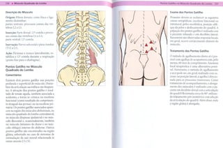 .--                                                                     237


Descrição do Músculo                                                   Exame   dos Pontos     Gatilho
                                                             l
Origem: Fibras dorsais; crista ilíaca e liga-               l          Prímeiro devem-se esclarecer as seguintes
mento iliolombar;                                                      causas ortopédicas: escoliose funcional ou
                                                            
partes ventrais: processos    costais das vér-              l          estrutural, pelve escoliótica, posição oblí-
tebras L2 a LS.
                                                            L          qua da pelve e deslocamento do quadril. A
                                                                       palpação dos pontos gatilho é realizada com
Inserção: Parte dorsal: 12' costela e proces-
                                                                       o paciente relaxado e em decúbito lateral.
sos costais das vértebras LI a L3;
                                                     (( / t ~ ~        Raramente são observadas respostas locais;
parte ventral: 12' costela.

Inervação: Nervo subcostal e plexo lombar
                                                 .
                                                 I
                                                 I
                                                       I
                                                      t/tI 3l... ~1
                                                            L          em geral, ocorre enrijecimento distinto do
                                                                       músculo.
(TI2 a L3).                                                 l    "'2
                                                                       Tratamento dos Pontos Gatilho
Ação: Flexiona o tronco lateralmente, es-
tabiliza a 12' costela durante a respiração                            O método de agulhamento direto só é pos-



                                                     lV';
(ponto fixo para o diafragma).                                         sível com agulhas de acupuntura com, pelo
                                                                       menos, 60 mm de comprimento. Anestesia
Pontos Gatilho no Músculo                                              local terapêutica é uma alternativa possí-
Quadrado do Lombo                                                      vel. Entretanto, o método de agulhamento
Comentários                                                            a seco pode ser, em geral, realizado com su-
                                                                       cesso: na posição lateral, a agulha é direcio-
Existem dois pontos gatilho nas porções                                nada para os processos transversos. Como
profunda e superficial do músculo. Distúr-                             tratamento de acompanhamento,     o alonga-
bios da articulação sacroilíaca são freqüen-                           mento dos músculos é realizado com o pa-
tes. A ativação dos pontos gatilho é resul-                            ciente em decúbito dorsal com a articulação
tado de tensão aguda, também associada a                               do quadril Ilexionada cerca de 80° utilizan-
acidentes, e torna -se crônica na escoliose                            do relaxamento pós- isométrico com adução
funcional (como resultado do comprimen-                                da articulação do quadril. Além disso, toda
to desigual das pernas) ou na escoliose pri-                           a região glútea é alongada.
mária. Os pontos gatilho associados apare-
cem na região dos músculos abdominais, no
músculo quadrado do lombo contralateral,
no músculo iliopsoas ipsilateral e no mús-
culo iliocostal e, ocasionalmente,   também
no músculo latíssimo do dorso e no mús-
culo oblíquo interno do abdome. Outros
pontos gatilho são encontrados na região
glútea, sobretudo no caso de sintomas de
estimulação da raiz neural relacionada às
raízes neurais LS e S1.
 