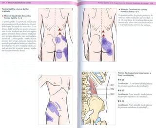 Pontos Gatilho e Áreas de Dor                                   Á Músculo Quadrado do Lombo,
Irradiada                                                         Pontos Gatilho 3 e 4

Á Músculo Quadrado do Lombo,                                    Os pontos gatilho da porção profunda do
  Pontos Gatilho 1 e 2                                          músculo estão localizados ao nível de L3 e
                                                                de L4; suas áreas de irradiação típicas são
O ponto gatilho 1 superficial está situado                      encontradas sobre a articulação sacroilíaca
aproximadamente 2 cun abaixo da extremi-
                                                                e na porção média inferior das nádegas.
dade lateral da borda do músculo e 2 cun
abaixo da 12' costela; este ponto apresenta
área de dor irradiada ao nível das regiões
                                                     )
glúteas proximal dorsal e lateral irradiando
para a região inguinal e para a articulação
sacroilíaca. O ponto gatilho 2 está localizado
ao nível de L4, logo acima da inserção do
músculo quadrado do lombo na crista ilíaca
dorsolateral. Sua dor irradiada está locali-
                                                 )
zada ao nível do trocanter maior e irradia
nas direções ventral e dorsal.




                                                                Pontos de Acupuntura Importantes e
                                                                Suas Localizações

                                                                . B23
                                                                Localização: 1,5 cun lateral à borda inferior
                                                         B 51
                                                                do processo espinhoso da vértebra L2.
                                                         B 52
                                                                . B51
                                                         B 23   Localização: 3 cun lateral à borda inferior
                                                                do processo espinhoso da vértebra L!.

                                                                . B52
                                                                Localização: 3 cun lateral à borda inferior
                                                                do processo espinhoso da vértebra L2.
 