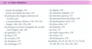- - ponto do polegar, 143                      -   do   fígado, 159
- - ponto dos dedos da mão, 143                -   do   intestino delgado, 157
- de projeção dos órgãos internos de           -   do   intestino grosso, 157
     acordo com                                -   do   pâncreas/vesícula biliar, 159
- - a nomenclatura chinesa, 156-159, 161       -   do   parênquima renal, 155
- - Nogier, 146, 156, 158, 160                 -   do   plexo solar, 147
- de projeção na fossa triangular de acordo    -   do   pulmão, 159
    com Nogier, 148, 149                       -   do   rim, 157
- do apêndice, 157                            .-   do   triplo aquecedor, 159
- do baço, 159                                 -   do   meter, 157
- do coração, 159                             - dos brônquios, 159
- do duodeno, 157                             Zumbido, 18,35,67,69,72,75-79,82,
- do estômago, 157                              87,98,99,125,145,181,203
 