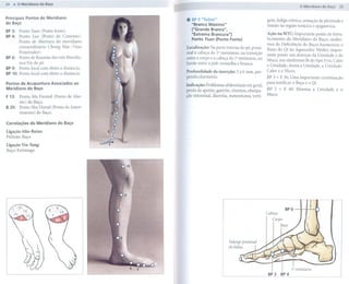 24 .. O Merídiano do Baço
                                                                                                                                                   25


Principais Pontos do Meridiano
do Baço
                                                 .   BP3 "Taibai"
                                                     "Branco Máximo"
                                                                                                          gem, fadiga crônica, sensação de plenitude e
                                                                                                          tensão na região torácica e epigástrica.
BP 3: Ponto Yuan (Ponto fonte).                      ("Grande Branco",
BP4: Ponto Luo (Ponto de Conexão).                   "Extrema Brancura")                                  Ação na MTC: Importante ponto de forta-
      Ponto de Abertura do meridiano                 Ponto Yuan (Ponto Fonte)                             lecimento do Meridiano do Baço; síndro-
                                                                                                          mes de Deficiência do Baço; harmoniza o
      extraordinário Chong Mai (Vaso             Localização: Na parte interna do pé, proxi-
        Penetrador) .                                                                                     fluxo do Qi no Aquecedor Médio; impor-
                                                 mal à cabeça do 1 metatarso, na transição
                                                                          Q
                                                                                                          tante ponto nas doenças da Umidade e do
BP 6:   Ponto de Reunião dos três Meridia-       entre    o corpo    e a cabeça   do 1" metatarso,   no
                                                                                                          Muco, nas síndromes Bi do tipo Frio, Calor
       nos Yin do pé.                            limite   entre     a pele vermelha    e branca.          e Umidade; drena a Umidade, a Umidade-
BP 9: Ponto local com efeito a distância.
                                                                                                          Calor e o Muco.
BP 10: Ponto local com efeito a distância.       Profundidade          da inserção:    3 a 6 mm, per-
                                                 pendicularmente.                                    .    BP 3 + E 36: Uma importante combinação
Pontos de Acupuntura      Associados    ao                                                                para tonificar o Baço e o Qi.
                                                 Indicação: Problemas abdominais em geral,
Meridiano do Baço                                                                                         BP 3 + E 40: Elimina a Umidade e o
                                                 perda de apetite, gastrite, vômitos, obstipa-
                                                                                                          Muco.
F 13:   Ponto Mu Frontal (Ponto de Alar-         ção intestinal, diarréia, meteorismo, verti-
        me) do Baço.
B 20:   Ponto Shu Dorsal (Ponto de Assen-
        timento) do Baço.

Correlações   do Meridiano    do Baço

Ligação Alto-Baixo:
Pulmão- Baço

Ligação Yin- Yang:
Baço- Estômago




                                                                                                                    BP6




                                             3                                                                          1" metatarso
                                                                                                          BP3 BP4
 