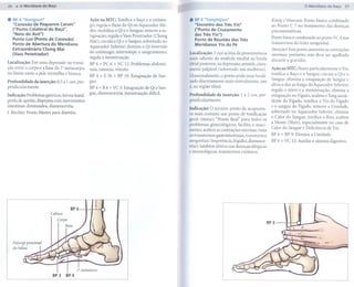 26


. BP4 HGongsun"                                     Ação na MTC: Tonifica o baço e o estôma-        . BP6 "Sanyinjiao"                                Konig e Wancura: Ponto básico combinado
  HConexão de Pequenos Canais"                      go; regula o fluxo do Qi no Aquecedor Mé-         "Encontro dos Três Vin"                         ao Ponto C 7 no tratamento     das doenças
  ("Ponto Colateral do Baço",                       dio; mobiliza o Qi e o Sangue; remove a es-       ("Ponto de Cruzamento                           psicossomáticas.
  "Neto do Avô")                                                                                      dos Três Vin")
                                                    tagnação; regula o Vaso Penetrador (Chong                                                         Ponto básico combinado ao ponto VC 4 nos
  Ponto Luo (Ponto de Conexão)                                                                        Ponto de Reunião dos Três
  Ponto de Abertura do Meridiano                    Mai); circula o Qi e o Sangue, sobretudo no                                                       transtornos do trato urogenital.
                                                                                                      Meridianos Vin do Pé
                                                    Aquecedor Inferior; domina o Qi invertido
  Extraordinário Chong Mai                                                                                                                            Atenção! Este ponto aumenta as contrações
  (Vaso Penetrador)                                 do estômago; interrompe o sangramento;          Localização: 3 cun acima da proeminéncia
                                                                                                                                                      uterinas; portanto, não deve ser agulhado
                                                    regula a menstruação.                           mais saliente do maléolo medial na borda
                                                                                                                                                      durante a gravidez.
Localização: Em uma depressão na transi-            BP 4 + PC 6 + VC 12: Problemas abdomi-          tibial posterior, na depressão, amiúde, clara-
ção entre o corpo e a base do 1"metacarpo,          nais, náuseas, vômito.                          mente palpável (sobretudo nas mulheres).          Ação na MTC: Nutre particularmente o Yin,
no limite entre a pele vermelha e branca.                                                                                                             tonifica o Baço e o Sangue, circula o Qi e o
                                                    BP 4   + E 36 + BP   10: Estagnação   de San-   Ocasionalmente, o ponto pode estar locali-
                                                    gue.                                            zado discretamente mais ventralmente, isto        Sangue, elimina a estagnação de Sangue e
Profundidade da inserção: 0,5 a 1 cun, per-
                                                                                                    é, na região tibial.                              alivia a dor ao longo do Aquecedor Inferior;
pendicularmente.                                    BP 4 + R 6 + VC 3: Estagnação de Qi e San-
                                                                                                                                                      regula o útero e a menstruação; elimina a
Indicação: Problemas gástricos, hérnia hiatal,      gue, dismenorréia, menstruação dificil.         Profundidade da inserção: 1 a 2 cun, per-         estagnação no Fígado, acalma o Yang ascen-
perda de apetite, dispepsia com movimentos                                                          pendicularmente.                                  dente do Fígado, tonifica o Yin do Fígado
intestinais diminuídos, dismenorréia.                                                                                                                 e o sangue do Fígado, remove a Umidade,
                                                                                                    Indicação: O terceiro ponto de acupuntu-
J. Bischko: Ponto Mestre para diarréia.                                                                                                               sobretudo no Aquecedor Inferior, elimina
                                                                                                    ra mais comum; um ponto de tonificação
                                                                                                                                                      o Calor do Sangue, tonifica o Rim, acalma
                                                                                                    geral (moxa); "Ponto Real" para todos os
                                                                                                                                                      a Mente (Shen), especialmente no caso de
                                                                                                    problemas ginecológicos; facilita o nasci-
                                                                                                                                                      Calor do Sangue e Deficiência de Yin.
                                                                                                    mento; acelera as contrações uterinas, trata
                                                                                                    os transtornos gastrintestinais, transtornos
                                                                                                                                                      BP 6 + BP 9: Elimina a Umidade.
                                                                                                    urogenitais (impotência, frigidez, dismenor-      BP 6 + VC 12:Auxilia o sistema digestivo.
                                                                                                    réia); também efetivo nas doenças alérgicas
                                                                                                    e imunológicas, transtornos cutâneos.




                                     BP6


                                                                                                                                                     BP6



     Palangeproximal
     do hálux




                                          l'   metatarso
                           BP3 BP4
 