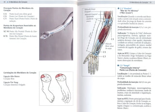 30


Principais Pontos do Meridiano do
Coração
                                            Músculo bíceps
                                                                         .   C 3 "Shaohai"
                                                                             "Mar do Vin Mínimo"
                                            braquial-
                                                                             ("Mar Jovem")
C 3:   Ponto local com efeito geral.        Músculo braquial
C 5:   Ponto Luo (Ponto de Conexão).          Epicôndilo                 Localização: Quando o cotovelo está flexio-
C 7:   Ponto Yuan (Ponto Fonte). Ponto de     medial do                  nado, o ponto está situado entre a extremi-
       sedação.                               úmero                      dade ulnar da prega de flexão do cotovelo
                                                                         e o epicôndilo medial do úmero.
Pontos de Acupuntura Associados ao
Meridiano do Coração                                                     Profundidade da inserção: 0,5 a 1 cun, per-
                                                                         pendicularmente.
VC 14: Ponto Mu Frontal (Ponto de Alar-
       me) do Coração.                                                   Indicação: "A Alegria da Vida'~ disfunção
B 15: Ponto Shu Dorsal (Ponto de Assen-                                  psicovegetativa,   insônia, agitação men-
       timento) do Coração.                                         C3   tal (Fogo do Coração, uso de estimulação
                                                                         sedativa durante a fase aguda), depressão
                                                                         (cuidado ao utilizar o método de sedação),
                                                                         vertigem, epicondilite do úmero medial
                                                                         (cotovelo do jogador de golfe), tremor das
                                                                         mãos.

                                                                         Ação na MTC: Limpa o Calor do Coração
                                                               C7        e do Pericárdio (Fogo Verdadeiro ou Fogo
                                                                         Vazio), clareia e acalma a Mente (Shen), re-
                                                                         move obstruções do meridiano.

                                                                         . C 5 "Tongli"
                                                                           "Comunicação Interna"
                                                                           Ponto Lua (Ponto de Conexão)
Correlações   do Meridiano   do Coração
                                                                         Localização: 1cun proximal ao Ponto C 7,
Ligação Alto-Baixo:                                                      radial ao tendão do músculo flexor ulnar
Coração- Rim                                                             do carpo.

Ligação Yin-Yang:                                                        Profundidade da inserção: Até 0,5 cun, per-
Coração- Intestino Delgado                                               pendicularmente.

                                                                         Indicação:   Patologias  neurovegetativas,
                                                                         problemas cardíacos funcionais, medo de
                                                                         exames, crises de ansiedade e inquietação,
                                                                         insônia, sudorese.

                                                                         Ação na MTC: Ponto principal para funda-
                                                                         mentar a regulação do Qi dó Coração; es-
                                                                         fria o Calor do Coração, revela-se na língua,
                                                                         regula a língua e a comunicação, acalma a
                                                                         Mente (Shen).
 