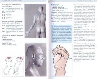 .    o Meridlanodo Intestino Delgado                                                                                                        35


Pontos Principais do Meridiano       do               .    ID 3 "Houxi"                            De acordo com a literatura chinesa, o pon-
Intestino Delgado                                          "Riacho Posterior"                      to está localizado na extremidade distal da
                                                           Ponto de Tonificação                    prega de flexão descrita, na transição da pele
ID 3:    Ponto de tonificação. Ponto de Aber-              Ponto de Abertura do Vaso
         tura do Vaso Governador, Du Mai.                                                          vermelha para a branca. O agulhamento
                                                           Governador,   Du Mai
                                                                                                   ocorre na direção vertical. Entretanto, com
ID 8:    Ponto   de sedação.
ID 11:   Ponto   local.                               Localização: Na borda ulnar da mão, com o    esta localização o agulhamento ocorre em
ID 12:   Ponto   local.                               punho levemente fechado, proximal e dorsal   direção discretamente     distal. Portanto, as
ID 14:   Ponto   local.                               a uma prega cutânea na extremidade ulnar     localizações discretamente diferentes des-
ID 18:   Ponto   local.                               da prega de flexão mais distal da palma da   te ponto se encontram profundamente no
ID 19:   Ponto   local.                               mão. O ponto está localizado na transição    local onde se origina a sensação De Qi. Na
                                                      entre o corpo e a cabeça do 5" metacarpo     nossa experiência, a localização fornecida
Pontos de Acupuntura Associados ao                    (Gleditsch, Kiinig e Wancura).               por Gleditsch, ue também é descrita por
                                                                                                                   q
Meridiano do Intestino Delgado                                                                     Kiinig e Wancura, se mostrou mais efetiva

VC 4: Ponto Mu Frontal (Ponto de Alar-
      me) do Intestino Delgado.
                                                           I
                                                           i Com o pUnho levemente fecba,
                                                                                                   no diagnóstico e na terapia.
                                                                                                   Profundidade da inserção: 0,5 a 1 cun na
                                                                                                   direção da palma.
B 27: Ponto Shu Dorsal (Ponto de Assen-                   do, a prega deflexão distal da palma
      timento) do Intestino Delgado.                      é acompanhada na direção ulI1ar.EJTl     Indicação: Dor lombar aguda, lombocia-
E 39: Ponto Mar Inferior do Intestino                     geral, começa entre os dedos indicador   talgia; ponto distal para a coluna cervical;
      Delgado.                                            e médio. Na extremidade da prega de      torcicolo, paresia dos membros superiores,
                                                          flexão existe uma pequena protrusão      zumbido, deficiências auditivas, doenças do
Correlações do Meridiano do Intestino                     da pele. Na borda desta protrusão para   ouvido, resfriados febris, faringite, laringite,
Delgado                                                   a área circundante, discretamenteproc    tremores, vertigem.
                                                          ximal e dorsal, está situado aPonto ID   ]. Bischko: A principal indicação para este
Ligação Alto-Baixo:
                                                          3. A agulha é direcionada pata o meio    ponto é o relaxamento      do espasmo mus-
Intestino Delgado-Bexiga
                                                          da palma.                                cular.
Ligação Yin-Yang:
                                                                                                   Aviso: No torcicolo agudo, lombalgia aguda
Intestino Delgado-Coração
                                                                                                   ou lombociatalgia, o tratamento é realizado
                                                                                                   pela estimulação vigorosa do Ponto ID 3
                                                                                                   enquanto se segue o exercício físico simul-
                                                ,,!                                                tâneo com cautela.

                                                                                                   Ação na MTC: Abre o vaso governador,
                                                                                                   expele os fatores patogênicos exteriores,
                                                                                                   sobretudo Vento e Calor, elimina o Vento
                                                                                                   Interior no Vaso Governador, remove obs-
                                                                                           ID3     truções dos meridianos e dos colaterais, re-
                                                                                                   laxa músculos e tendões, clareia e acalma a
                                                                                                   Mente (Shen).
 