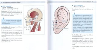 39
38    . O Meridiano do Intestino   Delgado


.    ID 18 "Quanliao"
     "Fenda Zigomática"
                                                  . ID 19 "Tinggong"
                                                    "Palácio da Audição"
     ("Sulco do Osso Zigomático")                 Localização: Na depressão defronte ao
                                                  trago.
Localização: Na borda inferior do arco zi-
gomático, perpendicularmente abaixo do
ângulo externo do olho, na margem ante-
rior do músculo masseter.                           .I   A localização é determinada com a
                                                   boca discretamente    aberta; desta forma,


     !    A margem anterior do músculo
     masseter é claramente palpável duran.
                                                   o processo condilar da mandíbula da ar-
                                                   ticulação temporomandibular    move-se
                                                   na direção nasal, de modo que não há
                                                   risco de agulhar a articulação tempo-
     te a mastigação.
                                                   romandibuar. A boca é fechada após a
                                                   inserção da agulha.
Profundidade      da inserção:   0,3 a 0,5 cun,    Aviso: O Ponto lD 19 está localizado
perpendicularmente.                                próximo à artéria temporal superficial,
Indicação: Síndrome dolorosa miofascial            que pode ser evitada palpando-se seu
(síndrome de Costen), nevralgia do trigê-          pulso antes da inserção.
me o, espasmo facial, paralisia facial, dor
dentária, sinusite maxilar, problemas gna-        Profundidade    da inserção:   0,3 a 0,5 cun,
tológicos.                                        perpendicularmente.

Ação na MTC: Importante ponto nos trans-          Indicação: Transtornos auditivos, parali-
tornos faciais do Vento-Frio e do Vento-          sia facial, nevralgia do trigêmeo, síndrome
 Calor; alivia a dor.                             dolorosa miofascial (síndrome de Costen),
                                                  disfunção   na articulação   temporomandi-
                                                  bular.

                                                  Ação na MTC: Abre e dá suporte        ao ou-
                                                  vido.
 