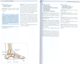 56 11O Meridiano da Bexiga
                                                                                                                                                                    o Meridiano da Bexiga    57


(I B 60 "Kunlun"                              Indicação: Um dos principais pontos de dor         (I B 62 "Shenmai"
                                                                                                                                                  (I B 67 "Zhiyin"
   "Montanhas Kunlun"                         periférica, em especial nos membros infe-             "Nono Canal"
                                                                                                                                                     "Alcançando   o Yin"
   ("Grande e Alta")                          riores. Síndromes de dor na coluna verte-             ("Canal Esticado")                               ("Alcançando   o Interior")
                                              bral, cefaléia, dor no tendão de Aquiles (ten-        Ponto de Abertura do Meridiano
Localização: No ponto médio da linha                                                                                                                 Ponto de Tonificação
                                              dão do calcâneo), afecções na região da ar-           Extraordinário
que conecta o maléolo lateral e o tendão                                                            Yang Qiao Mai                                Localização: Ângulo      lateral da unha   do
                                              ticulação do joelho, dismenorréia com san-
de Aquiles.                                                                                         (Vaso Yang do Calcanhar)                     quinto artelho.
                                              gue menstrual escuro e com coágulos, parto

  I
  "   A sensação De Qi aparece, amiúde,
                                              prolongado, retenção placentária.

                                              Ação na MTC: Revigora a função renal e
                                                                                                Localização: Em uma depressão diretamen-
                                                                                                te abaixo da ponta do maléolo lateral, na ca-
                                                                                                vidade articular entre o tálus e o calcâneo.
                                                                                                                                                 Profundidade
                                                                                                                                                 pendicularmente;
                                                                                                                                                 sário.
                                                                                                                                                                  da inserção: 1 a 2 mm, per-
                                                                                                                                                                      deixe sangrar se neces-
                                              a circulação, fortalece o dorso e o joelho,
 claramente quando a agulha é direcio-
                                              relaxa músculos e tendões, remove obstru-                                                          Indicação:   Cefaléia, retenção urinária, dis-
 nada para o calcâneo. O Ponto B 60 é                                                           Profundidade     da inserção:   3 a 5 mm, per-
 freqüentemente    descrito na literatura     ções do meridiano e dos colaterais,    elimina    pendicularmente.                                 tocia funcional; facilita o parto, corrige a
 como oposto ao Ponto R 3. Entretanto,        o Calor, distribui o Sangue e remove   a estag-                                                    posição do feto (moxa).
                                              nação de Sangue no útero, elimina       fatores   Indicação: Cefaléia tensional, disfunção
 este não é o caso porque os maléolos                                                                                                            Cuidado! O agulhamento      durante a gravi-
 externo e interno não estão situados no      patogênicos do eixo Tai Yang, expele   o Vento    psicovegetativa, nevralgia e paresia fibular,
                                                                                                                                                 dez é contra-indicado.
                                              interior e exterior.                              disfunção da articulação na porção inferior
 mesmo nível.
                                              Cuidado! O agulhamento       durante a gesta-     do tornozelo (pronação, supinação). Com-         Ação na MTC: Remove obstruções do me-
                                              ção é contra-indicado.                            binação comprovada: ID 3 + B 62 para ce-         ridiano e dos colaterais, elimina o Vento,
Profundidade da inserção: 0,5 a 1 cun, per-                                                     faléia tensional.                                revigora o Sangue, clareia os olhos e a Men-
pendicularmente.                                                                                H. Schmidt:   Dor no ângulo       interno   do   te (Shen).
                                                                                                olho.

                                                                                                Ação na MTC: Remove obstrução do meri-
                                                                                                diano e dos colaterais, relaxa os tendões e os
                                                                                                músculos, clareia e acalma a Mente (Shen),
                                                                                                expele fatores patogênicos exteriores, abre o
                                                                                                Yang Qiao Mai (Vaso Yang do Calcanhar).




 B 60

 B 62




             Ca/câneo        Ossocubóide
 