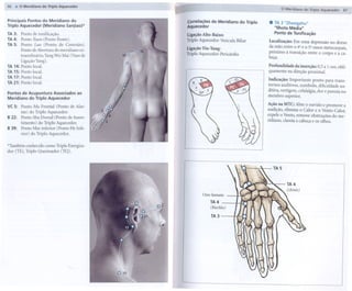 66   .     O Meridiano do Triplo Aquecedor
                                                                                                                                 O Meridiano do Triplo Aquecedor     67   I
Principais Pontos
Triplo Aquecedor
                          do Meridiano do
                          (Meridiano Sanjiao)*
                                                                              correlações
                                                                              Aquecedor
                                                                                              do Meridiano   do Triplo   .   TA 3 "Zhongzhu"
                                                                                                                             "lIhota    Média"
TA 3:      Ponto de tonificação.                                              Ligação Alto-Baixo:                            Ponto de Tonificação
TA 4:      Ponto Yuan (Ponto Fonte).                                          Triplo Aquecedor -Vesícula Biliar          Localização:     Em uma depressão no dorso
TA 5:      Ponto Luo (Ponto de Conexão).
           Ponto de Abertura do meridiano ex-                                 Ligação Ym-Yang:                           da mão entre o 4" e o 5" ossos metacarpais,
                                                         . it!15
                                                       14O                    Triplo Aquecedor-Pericárdio                próximo à transição entre o corpo e a ca-
           traordinário' Yang Wei Mai (Vaso de                                                                           beça.
           Ligação Yang).                               O
TA   14:   Ponto local.                                                                                                  Profundidade da inserção: 0,5 a 1 cun, obli-
TA   15:   Ponto local.                                                                                                  quamente na direção proximal.
TA   17:   Ponto local.
                                                                                                                         Indicação: Importante ponto para trans-
TA   21:   Ponto local.                                            4                                                     tornos auditivos, zumbido, dificuldade au-
Pontos de Acupuntura  Associados                  ao                                                                     ditiva, vertigem, cefalalgia, dor e paresia no
                                                                                                                         membro superior.
Meridiano do Triplo Aquecedor
VC 5: Ponto Mu Frontal (Ponto de Alar-                                                                                   Ação na MTC: Abre o ouvido e promove a
           me) do Triplo Aquecedor.                                                                                      audição, elimina o Calor e o Vento-Calor,
B 22:      Ponto Shu Dorsal (Ponto de Assen-                                                                             expele o Vento, remove obstruções do me-
                                                                                                                         ridiano, clareia a cabeça e os olhos.
           timento) do Triplo Aquecedor.
B 39:      Ponto Mar inferior (Ponto He Infe-
           rior) do Triplo Aquecedor.


*Também       conhecido    como   Triplo   Energiza-
dor (TE), Triplo     Queimador       (TQ).



                                                                                                                             TAS




                                                                                       Osso   hamato

                                                                                              TA4
                                                                       Df                     (Bischko)
                                                                       ,I.
                                                                                              TA3

                                                                        141




                                           "-..
 