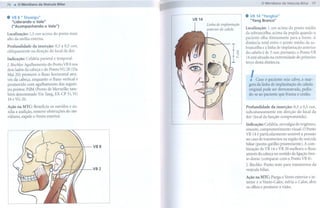 76


.    VB8 " Shuaigu"
     "Liderando o Vale"
                                                     VB14
                                                                                   .   VB 14 "Yangbai"
                                                                                       "Yang Branco"
                                                            Linha de implantação
     ("Acompanhando o Vale")                                anterior do cabelo     Localização: 1 cun acima do ponto médio
Localização: 1,5 cun acima do ponto mais                                           da sobrancelha, acima da pupila quando o
alto da orelha externa.                                                            paciente olha diretamente para a frente. A
                                                                                   distância total entre o ponto médio da so-
Profundidade     da inserção: 0,3 a 0,5 cun,                                       brancelha e a linha de implantação anterior
obliquamente    na direção do local da dor.                                        do cabelo é de 3 cun; portanto, o Ponto VB
Indicação:   Cefaléia parietal e temporal.                                         14 está situado na extremidade do primeiro
                                                                                   terço desta distância.
J. Bischko:Agulhamento do Ponto VB 8 nos
dois lados da cabeça e do Ponto VG 20 (Du
Mai 20) promove o fluxo horizontal atra-
vés da cabeça, enquanto o fluxo vertical é
                                                                                        ,             .        .
                                                                                        //I c aso o pacIente seja caIvo, a mar-
promovido com agulhamento dos seguin-                                                  gem da linha de implantação do cabelo
tes pontos: PdM (Ponto de Merveille; tam-                                              original pode ser demonstrada, pedin-
bém denominado Yin Tang, EX-CP 3), VG                                                  do-se ao paciente que fl"anzao cenho.
16eVG20.

Ação na MTC: Beneficia os ouvidos e au-                                            Profundidade    da inserção: 0,3 a 0,5 cun,
xilia a audição, remove obstruções do me-                                          subcutaneamente     em direção do local da
ridiano, expele o Vento exterior.                                                  dor (local da função comprometida).

                                                                                   Indicação: Cefaléia, nevralgia do trigêmeo,
                                                                                   sinusite, comprometimento     visual. O Ponto
                                                                                   VB 14 é particularmente    sensível à pressão
                                                                                   no caso de transtornos na região da vesícula
                                               VB8                                 biliar (ponto-gatilho proeminente). A com-
                                                                                   binação de VB 14 e VB 20 melhora o fluxo
                                                                                   através da cabeça no sentido da ligação fren-
                                                                                   te-dorso (comparar com o Ponto VB 8).
                                                                                   J. Bischko: Ponto teste para transtornos da
                                               VB2                                 vesícula biliar.

                                                                                   Ação na MTC: Purga o Vento exterior e in-
                                                                                   terior e o Vento-Calor, esfria o Calor, abre
                                                                                   os olhos e promove a visão.
 