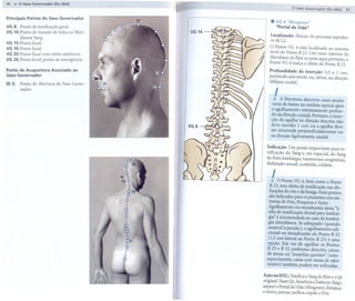 96   .  O Vaso Governador (Du Mai)
                                                 ,                             o Vaso Governador (Du Mai)        97

Principais Pontos do Vaso Governador        20
                                                                . VG4 "Mingmen"
VG 4: Ponto de tonificação geral.                                 "Portal da Vida"
VG 14: Ponto de reunião de todos os Meri-            VG14
       diimos Yang.                                             Localização: Abaixo do processo espinho-
                                                                so de L2.
VG 15: Ponto local.
VG 16: Ponto local.                                             O Ponto VG 4 está 10cali2ado ao mesmo
VG 20: Ponto local com efeito sistêmico.                        nível do Ponto B 23. Um ramo interior do
VG 26: Ponto local, ponto de emergência.                        Meridiano do Rim se junta aqui; portanto, o
                                                                Ponto VG 4 realça o efeito do Ponto B 23.
Ponto de Acupuntura Associado ao                                Profundidade      da inserção:    0,5 a 1 cun,
Vaso Governador
                                                               perpendicularmente       ou, talvez, na direção
ID 3:    Ponto de Abertura do Vaso Gover-                      oblíqua caudal.



                                                                     .I
         nador.
                                                                          .                               .
                                                                      A Ilteratura descreve casos mUlto
                                                                 raros de lesões na medula espinal após
                                                                 o agulhamento extremamente profun-
                                                                 do na direção cranial. Portanto, a inser-
                                                                 ção da agulha na direção descrita não
                                                     VG4         deve exceder 1 cun, ou a agulha deve
                                                                 ser orientada perpendicularmente ou
                                                                 na direção ligeiramente caudal.

                                                              Indicação: Um ponto importante para to-
                                                              nificação do Yang e, em especial, do Yang
                                                              do Rim;lombalgia, transtornos urogenitais,
                                                              disfunção sexual, zumbido, cefaléia.

                                                                 I
                                                                 .  O Ponto VG 4, bem como o Ponto
                                                               B 23, tem efeito de tonificação nas dis-
                                                               funções do rim e da bexiga.Essespontos
                                                               são indicados para os pacientes com sin-
                                                               tomas de Frio, Fraqueza e Vazio.
                                                               Agulhamento ou moxabustão desta "li-
                                                               nha de tonificação dorsal para lombal-
                                                               gia" é recomendada no caso de lombal-
                                                               gia simultânea. Se adequado (quando
                                                              sensível à pressão), o agulhamento adi-
                                                              cional ou moxabustão do Ponto B 52
                                                              (1,5 cun lateral ao Ponto B 23) é uma
                                                              opção. Em vez de agulhar os Pontos
                                                              B 23 e B 52 conforme descrito, caixas
                                                              de moxa ou "manchas quentes" (auto-
                                                              aquecimento, caixa com moxa de odor
                                                              neutro) também podem ser utilizadas.

                                                            Ação na MTC: Tonifica o Yang do Rim e o Qi
                                                            original (Yuan Qi), beneficia a Essência (Jing),
                                                            aquece o Portal da Vida (Mingmen), fortalece
                                                            o dorso, pernas, joelhos, expele o Frio.
 