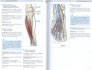 . Os Pontos Extraordinários                                                                                       Os Pontos   Extraordinários



..   EX-MI 4 "Neixiyan"                                                                                     .. EX-MI10 "Bafeng"
     "Olho Interno do Joelho"                                                                                  "Os Oito Ventos"
     (EX-MI 4 faz parte      do EX-MI 5)                                        EX-MI 2
                                                                                                            Localização: Quatro pontos no dorso do pé,
Localização: Quando o joelho está leve-                                                                     proximais à extremidade das pregas inter-
mente flexionado, na depressão medial ao                                         EX-MI4                     digitais, na margem entre a pele vermelha
ligamento patelar na região do Olho Inter-                                                                  e a branca.
no do Joelho.                                                                    EX-MI 5

Profundidade
dicularmente'
                    da inserção: 0,3 cun, perpen-
                    ou cerca de 0,5 cun subcuta-
                                                                                                               I
                                                                                                               .   A localização das articulações me-
neamente na direção do Ponto E 35 (ver                                                                        tacarpofalângicas é mais facilmente re-
Ponto EX-MI 5).                                                                                               alizada por meio de tração discreta dos
                                                                                 EX-MI 7                      respectivos dedos. Isto causa o retesa-
Indicação:       Gonalgia.
                                                                                                              mento discreto da pele na área da ar-
Ação na MTC: Não existe esfera de ações                                                                       ticulação.
fundamentais conhecida.

                                                                                                            Profundidade   da inserção: Cerca de 3 cun
..   EX-MI 5 "Xiyan"
                                                                                                            em sentido levemente proximal.
     "Olhos do Joelho"
                                                                                                            Indicação:   Dor no dorso do pé.
Localização: Dois pontos abaixo da rótula,
medial e lateral ao tendão patelar, a saber, os                                                             Ação na MTC: Expele fatores patogênicos
Pontos E 35 e EX-MI 4. Portanto, o Ponto                                                                    exteriores (em especial, o Vento), relaxa os
EX-MI 4 está incluído em EX-MI 5.                                                                           tendões, remove obstruções do meridiano,
                                                                                                            alivia a dor.


     !   Esses dois pontos correspondem
     aos locais de punção para artroscopia.
     Quando o agulhamento é profundo, a
     agulha pode termillar em uma posição                                                         EX-MI10
     intra-articular. (Cuidado! Isto.llão é de"
     sejável.)

         .       .      -
                                                    .
                                          EX-MI 7 "lanweixue"
                                          "Ponto do Apêndice"
Profundidade da mserçao: 0,3 cun, per-
pendicularmente (ver também Ponto EX- Localização: No Meridiano do Estômago,
MI4).                                  2 cun distal ao E 36.
Indicação: Dor e disfunção no joelho (ver           Profundidade da inserção: 1 a 1,5 cun, per-
Ponto EX-MI 2).                                     pendicularmente.

Combinação com outros pontos:                       Indicação: Ponto teste para apendicite (im-
Gonalgia: EX-MI 5 + EX-MI 2 + E 36 +                portante para estabelecer o diagnóstico),
VB 34 + BP 9.                                       dor e disfunção na perna.

Ação na MTC: Não existe esfera de ações             Ação na MTC: Não existe esfera de ações
conhecida.                                          fundamentais conhecida.
 