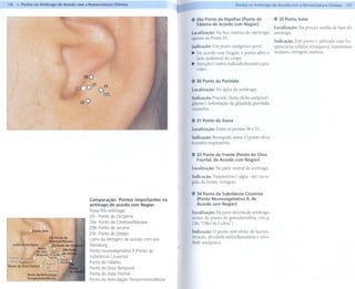 136   Pontos no Al)titrago de Acordo com a Nomenclatura Chinesa                                                       Pontos no Antitrago de Acordo com a Nomenclatura Chinesa    137



                                                                                      f   .   26a Ponto da Hipófise (Ponto do
                                                                                              Tálamo de Acordo com Nogier)
                                                                                                                                           . 35 Ponto Solar
                                                                                                                                           Localização: Na porção média da base do
                                                                                          Localização:     Na face interna do antitrago,   antitrago.
                                                                                          oposto ao Ponto 35.
                                                                                                                                           Indicação: Este ponto é utilizado com fre-
                                                                                          Indicação:     Um ponto analgésico geral.        qüência na cefaléia, enxaqueca, transtornos
                                                                                          ~ De acordo com Nogier, o ponto afeta o          oculares, vertigem, insônia.
                                                                                            lado ipsilateral do corpo.
                                                                                          ~ Atenção! Contra-indicado durante a gra-
                                                                                            videz.

                                       300
                                                                                          . 30 Ponto da Parótida
                                              31    35
                                                                                          Localização: No ápice do antitrago.
                                                                                          Indicação: Prurido (forte efeito antipruri-
                                                                                          ginoso), inflamação da glândula parótida,
                                                                                          caxumba.

                                                                                          .31 Ponto da Asma
                                                                                          Localização:     Entre os pontos 30 e 33.

                                                                                          Indicação: Bronquite, asma. O ponto afeta
                                                                                          o centro respiratório.

                                                                                          . 33 Ponto da Fronte (Ponto do Osso
                                                                                            Frontal, de Acordo com Nogier)
                                                                                          Localização: Na parte ventral do antitrago.
                                                                                          Indicação: Transtornos (-algia, -ite) na re-
                                                                                          gião da fronte, vertigem.

                                                                                          . 34 Ponto da Substância Cinzenta
                                             Comparação: Pontos importantes no              (Ponto Neurovegetativo li, de
                                             antitrago de acordo com Nogier.                Acordo com Nogier)
                                             Fossa Pós-antitrago                          Localização: Na parte interna do antitrago,
                                             29 Ponto do Occipício                        acima do ponto da gonadotrofina (ver p.
                                             29a Ponto da Cinetose/Náusea                 136,"Olho da Cobra").
                                             29b Ponto de Jerome
                                             29c Ponto do Desejo                          Indicação: O ponto tem efeito de harmo-
                                                                                          nização, atividade antiinflamatória e ativi-
                                             Linhada Vertigem de acordo com von
                                                                                          dade analgésica.
                                             Steinburg
                                             Ponto neurovegetativo    11(Ponto da
                                             Substância Cinzenta)
                                             Ponto do Tálamo
                                             Ponto do Osso Temporal
                                             Ponto do Osso Frontal
                                             Ponto da Articulaçâo Temporomandibular
 