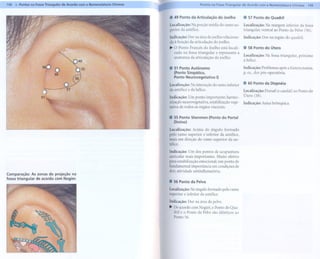148   .111Pontos                                               Pontos na Fossa Triangular de Acordo com a Nomenclatura Chinesa       149


                                         .   49 Ponto da Articulação      do Joelho           . 57 Ponto do Quadril
                                         Localização: Na porção média do ramo su-             Localização: Na margem inferior da fossa
                                         perior da antélice.                                  triangular, ventral ao Ponto da Pelve (56).
                                         Indicação: Dor na área do joelho relaciona-          Indicação: Dor na região do quadril.
                                         da à função da articulação do joelho.
                                         ~ O Ponto Francês do Joelho está locali-             . 58 Ponto do Útero
                                             zado na fossa triangular e representa        a
                                                                                              Localização: Na fossa triangular, próximo
                                             anatomia da articulação do joelho.               à hélice.

                                         . 51 Ponto Autônomo                                  Indicação: Problemas após a histerectomia,
                                           (Ponto Simpático,                                  p. ex., dor pós-operatória.
                                           Ponto Neurovegetativo I)
                                               . -         .        - d        . [:'          . 60PontodaDispnéia
                                         Locallzaçao: Na lllterseçao    o ramo llllenor
                                         da antélice e da hélice.                             Localização: Dorsal (e caudal) ao Ponto do
                                         Indicação:   Um ponto importante;      harmo-        Útero (58).
                                         nização neurovegetativa, estabilização vege-         Indicação:    Asma brônquica.
                                         tativa de todos os órgãos viscerais.

                                         . 55 Ponto Shenmen (Ponto do Portal
                                             Divino)
                                         Localização: Acima do ângulo formado
                                         pelo ramo superior e inferior da antélice,
                                         mais em direção do ramo superior da an-
                                         télice.

                                         Indicação: Um dos pontos de acupuntura
                                         auricular mais importantes. Muito efetivo
                                         para estabilização emocional; um ponto de
                                         fundamental importância em condições de
                                         dor; atividade antiinflamatória.
Comparação: As zonas de projeção na
fossa triangular de acordo com Nogier.
                                         . 56 Ponto da Pelve

                                         Localização: No ângulo formado pelo ramo
                                         superior e inferior da antélice.

                                         Indicação:   Dor na área da pelve.
                                         ~ De acordo com Nogier, o Ponto do Qua-
                                           dril e o Ponto da Pelve são idênticos ao
                                           Ponto 56.
 