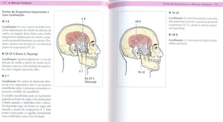 Pontos   de Acupuntura      Importantes         e                        . TA22
Suas localizações

. E8                                                  E8
                                                                   VB8
                                                                         Localização: Ao nível da inserção auricular,
                                                                         discretamente ventral e cranial ao ponto de
                                                                         acupuntura TA 21, dorsal à artéria tempo-
Localização: 0,5 cun a partir      da linha   fron-
                                                                         ral superficial.
tal de implantação do cabelo em direção do
cabelo, no ângulo desta linha com a linha
temporal de implantação do cabelo e avan-
                                                                         . VB8
çando perpendicularmente     ao mesmo. Por-                              Localização: 1,5 cun acima do ápice do pa-
tanto, o ponto está situado 4,5 cun lateral ao                           vilhão auricular.
ponto de acupuntura VG 24.

.   EX-CP 5 (Extra   5, Taiyang)

Localização: Aproximadamente      1 cun em
direção da orelha a partir do centro da li-
nha que conecta a extremidade do supercí-
lia com o ângulo lateral do olho.

.   E7
                                                       EX-CP5
Localização: No centro da depressão abai-              (Taiyang)
xo do arco zigomático, isto é, na incisura
mandibular entre o processo coronóide e o
processo condilar da mandíbula.
O côndilo mandibular pode ser facilmente
palpado na frente do trago (este desliza para
a frente quando o indivíduo abre a boca).
Na depressão logo em frente ao trago está
situado o ponto de acupuntura      E 7. Este
ponto é procurado e a agulha, introduzida
com o indivíduo com a boca fechada.
 