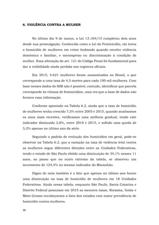 36
6. VIOLÊNCIA CONTRA A MULHER
No último dia 9 de março, a Lei 13.104/15 completou dois anos
desde sua promulgação. Conhecida como a Lei do Feminicídio, ela torna
o homicídio de mulheres em crime hediondo quando envolve violência
doméstica e familiar, e menosprezo ou discriminação à condição de
mulher. Essa alteração do art. 121 do Código Penal foi fundamental para
dar a visibilidade ainda perdida nos registros oficiais.
Em 2015, 4.621 mulheres foram assassinadas no Brasil, o que
corresponde a uma taxa de 4,5 mortes para cada 100 mil mulheres. Com
base nesses dados do SIM não é possível, contudo, identificar que parcela
corresponde às vítimas de feminicídios, uma vez que a base de dados não
fornece essa informação.
Conforme apontado na Tabela 6.2, ainda que a taxa de homicídio
de mulheres tenha crescido 7,5% entre 2005 e 2015, quando analisamos
os anos mais recentes, verificamos uma melhora gradual, tendo este
indicador diminuído 2,8%, entre 2010 e 2015, e sofrido uma queda de
5,3% apenas no último ano da série.
Seguindo o padrão de evolução dos homicídios em geral, pode-se
observar na Tabela 6.2, que a variação na taxa de violência letal contra
as mulheres segue diferentes direções entre as Unidades Federativas,
tendo o estado de São Paulo obtido uma diminuição de 34,1% nesses 11
anos, ao passo que no outro extremo da tabela, se observou um
incremento de 124,4% no mesmo indicador do Maranhão.
Digno de nota também é o fato que apenas no último ano houve
uma diminuição na taxa de homicídio de mulheres em 18 Unidades
Federativas. Ainda nessa tabela, enquanto São Paulo, Santa Catarina e
Distrito Federal possuíam em 2015 as menores taxas, Roraima, Goiás e
Mato Grosso encabeçavam a lista dos estados com maior prevalência de
homicídio contra mulheres.
 
