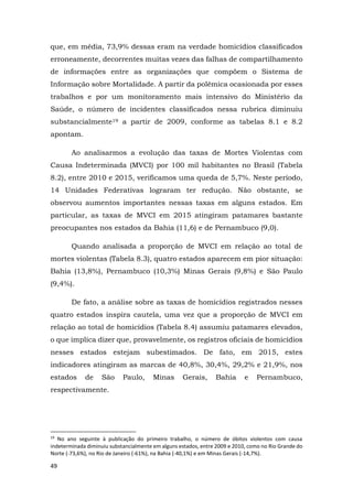 49
que, em média, 73,9% dessas eram na verdade homicídios classificados
erroneamente, decorrentes muitas vezes das falhas de compartilhamento
de informações entre as organizações que compõem o Sistema de
Informação sobre Mortalidade. A partir da polêmica ocasionada por esses
trabalhos e por um monitoramento mais intensivo do Ministério da
Saúde, o número de incidentes classificados nessa rubrica diminuiu
substancialmente19 a partir de 2009, conforme as tabelas 8.1 e 8.2
apontam.
Ao analisarmos a evolução das taxas de Mortes Violentas com
Causa Indeterminada (MVCI) por 100 mil habitantes no Brasil (Tabela
8.2), entre 2010 e 2015, verificamos uma queda de 5,7%. Neste período,
14 Unidades Federativas lograram ter redução. Não obstante, se
observou aumentos importantes nessas taxas em alguns estados. Em
particular, as taxas de MVCI em 2015 atingiram patamares bastante
preocupantes nos estados da Bahia (11,6) e de Pernambuco (9,0).
Quando analisada a proporção de MVCI em relação ao total de
mortes violentas (Tabela 8.3), quatro estados aparecem em pior situação:
Bahia (13,8%), Pernambuco (10,3%) Minas Gerais (9,8%) e São Paulo
(9,4%).
De fato, a análise sobre as taxas de homicídios registrados nesses
quatro estados inspira cautela, uma vez que a proporção de MVCI em
relação ao total de homicídios (Tabela 8.4) assumiu patamares elevados,
o que implica dizer que, provavelmente, os registros oficiais de homicídios
nesses estados estejam subestimados. De fato, em 2015, estes
indicadores atingiram as marcas de 40,8%, 30,4%, 29,2% e 21,9%, nos
estados de São Paulo, Minas Gerais, Bahia e Pernambuco,
respectivamente.
19
No ano seguinte à publicação do primeiro trabalho, o número de óbitos violentos com causa
indeterminada diminuiu substancialmente em alguns estados, entre 2009 e 2010, como no Rio Grande do
Norte (-73,6%), no Rio de Janeiro (-61%), na Bahia (-40,1%) e em Minas Gerais (-14,7%).
 