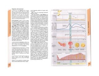 Oogénesis, ciclo menstrual
El desarrollo del óvulo (oogénesis) desde Ia oogo-nía
hasta el ovocito de primer orden (en el folículo
primordial) se produce desde mucho antes del nacimiento
hasta mucho antes de los pasos correspondientes de Ia
espermatogénesis (v. 306). Esta fase fetal termina
después de Ia primera semana de Ia gestación y
posteriormente ya no se generan más óvulos, quedando
los ovocitos en una fase de reposo hasta que se inicia Ia
maduración sexual que permite que cada mes un óvulo
llegue a ser un folículo de DeGraaf maduro.
Ciclo menstrual. Cuando se inicia la madu-
rez sexual de la mujer se produce un ciclo de
28 días de duración controlado por las siguien-
tes hormonas (Al,2): gonadoliberína (GnRH)
y dopaniina (PIH) hipotalámicas, foliculotro-
pina (FSH), tuteotropina (LH) y prolactina
(PRL) hipofisarias y progesterone, esírógenos
(sobre todo estradiol = E2) e inhibiría ovári-
cas. GnRH controla la liberación pulsátil de LH
y FSH (v. 300), que a su vez regulan la libera-
ción de E2 y progesterona. La liberación perió-
dica de hormonas regula las funciones sexuales
femeninas con el fin de que cada mes madure
un óvulo en el ovario (A4) y de que los órganos
genitales femeninos se adapten a la recepción
e implantación del óvulo fecundado (anida-
ción) (A5). La característica fundamental de
este ciclo menstrual es la menstruación, una
hemorragia vaginal que se repite cada mes y
que indica el inicio del ciclo.
La primera menstruación (menarquía) se produce en las
mujeres europeas a los 13 años como media. Desde los 40
años, los ciclos se hacen irregulares hasta desaparecer
tras un periodo de transición de unos 10 años
(climaterio) hacia los 48-52 años (menopausia).
La duración del ciclo oscila entre 21 y 35 días
y se divide en dos fases: la fase lute'mica (= se-
cretora o del cuerpo lúteo) dura 14 días de for-
ma regular, mientras que la primera fase (= pro-
liferativa) puede durar entre 7 y 21 dias. La
ovulación marca la separación entre ambas
fases (A).
Si Ia duración del ciclo cambia en más de 2-3 días, no se
produce ovulación. Estos ciclos anovulato-rios
representan hasta el 20% de los ciclos en las mujeres
normales sanas.
Durante el ciclo menstrual se producen (ade-
más de ciertas modificaciones físicas y psíqui-
cas) los siguientes cambios en el ouario. útero!
y cervix (A):
Día 1: inicio de la hemorragia menstrual!
(duración 2-6 días).
Días 1-14 (variable): la fase folicular em-j
pieza al primer día de la hemorragia menstrual!
y dura hasta la ovulación. En esta fase se pro-J
duce la regeneración de la mucosa uterina]
(endometrio), que debe estar preparada para]
acoger al óvulo fecundado (AS). En el ouariJ
se produce durante este período la maduración]
de unos 20 folículos bajo el efecto de la FSH, j
uno de los cuales será dominante y producirá]
cantidades crecientes de estrogen os (A4 yj
v. 300). El orificio cervical es pequeño y se
cubre de un moco viscoso.
Día 14 (variable): la producción de estróge-j
nos en el folículo aumenta mucho durante los j
días 12 y 13 (A2) y la consiguiente liberación]
de LH desencadena la ovulación (Al,4 yj
v. 300). Uno o dos días después aumenta IaJ
temperatura basal (se mide por las mañanas]
antes de levantarse y en ayunas) unos 0,5 9
C1]
valor que se mantiene hasta el final del ciclo!
(A3). El aumento de la temperatura basal sel
emplea como indicador de que se ha producido
la ovulación. Durante la ovulación el moco!
cervical es menos viscoso (se pueden obtener]
grandes hilos del mismo: filancia) y se produce
una cierta apertura del orificio cervical, lo que!
facilita la entrada de los espermatozoides.
Días 14-28: la fase luteínica se caracte-í
riza por el desarrollo del cuerpo lúteo (A4),
que secreta progesterona (A2), y por la secre-
ción de las glándulas mucosas uterinas (A5). |
La reacción máxima del moco uterino frente a
la progesterona se produce el día 22, momento
en el que se produciría la anidación en caso de
haberse fecundado el óvulo. Si no se ha
producido esta fecundación, la progesterona y
los estrógenos sólo inhibirían la secreción de
GnRH (v. 300), lo que haría que regresara el
cuerpo lúteo. Este efecto haría disminuir con
rapidez los niveles de estrógenos y progesterona
en el plasma (A2), con la consiguiente con-
tracción de los vasos endometriales y la isque-
mia del mismo, que produce su descamación y
la hemorragia menstrual (A5).
 