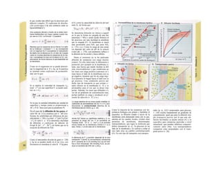 lo que resulta más difícil que la atraviesen por
difusión «simple». El coeficiente de distribu-
ción aceite-agua k de una sustancia mide su
liposolubilidad (C).
Una sustancia difunde a través de Ia doble mem-
brana fosfolipídica con mayor rapidez cuanto ma-
yor sea su k (D). La fórmula 1.3 quedaría
Mientras que en presencia de Ia misma k el radio
de Ia molécula r (compare 1.1) se corresponde
con Ia magnitud de D (compárese el malonámido
de dietilo con Ia etilurea en D), el valor de k puede
variar en muchas decenas en presencia de Ia mis-
ma r (compárese Ia urea con el etanol en D), con-
dicionando de forma decisiva Ia permeabilidad de
Ia membrana.
Como en el organismo no se puede determi-
nar la magnitud de k, D y ∆χ, en la práctica
se resumen como coeficiente de permeabili-
dad, por lo que:
En la que la cantidad difundida por unidad de
superficie y tiempo (neta) es proporcional a
AC y P (E, línea azul para la pendiente P).
En el caso de la difusión de los gases, el
valor DC de 1.4 se sustituye por α · ∆Ρ (coe-
ficiente de solubilidad por diferencia de pre-
sión parcial; v. 126) y Jdiff [mol · s^1
] por Vd¡if [m3
· s'1
]. El valor k · a · D se denomina «facilidad
de difusión» o coeficiente de difusión de
Krogh K [m2
· s"1
· Pa"1
], de forma que en la
ecuación de difusión de Fick:
Se denomina difusión no iónica a aquell
en la que la forma no cargada de una bas
(amoniaco = NH3) o ácido (ácido fórmico) di
bil atraviesa con más facilidad la membran
que la cargada (F). La membrana es much
más permeable para NH3 que para NH4
(v. 176 y ss.). Como la carga de una sustai
cia depende del valor de pH de la solució
(valor pK, v. 378), este parámetro influye e
la difusión de los ácidos y bases débiles.
Hasta el momento no se ha analizado
difusión de sustancias con carga electric
(iones). En ella interviene la diferencia ύ
potencial, por ejemplo en la membrana c«
lular, una fuerza que puede facilitar la difi
sión (electrodifusión) y que condiciona qu
los iones con carga positiva (cationes) se c
rijan hacia el lado de la membrana con ca
ga negativa, mientras que los de carga neg<
uva (aniones) lo hagan hacia el lado con ca
ga positiva. Una condición previa pai
dicho tipo de transporte es que existan c<
nales iónicos en la membrana (v. 32 y ss
permeables para el ion que se desee tran
portar. Además, los iones que difunden a f¡
vor de un gradiente de concentración tran¡
portan también su carga y producen un p<
tendal de difusión (v. 32 y ss.).
La carga eléctrica de los iones puede modificar el
coeficiente de permeabilidad del ion X (= Px) cora
dicionando Ia conductividad eléctrica de Ia
membrana para el mismo, gx (v. 32):
donde RyT tienen su significado habitual y Zx re-
presenta Ia carga del ion, F Ia constante de
Faraday (9,65 · 10" A · s · mol'1
) y CxIa actividal
iónica media en Ia membrana (índice d = a ul
lado; índice j = al otro lado de Ia membrana):
A diferencia de P, g también depende de Ia com
centración. Cuando Ia concentración extracelule
de K* aumenta de 4 a 8 mmol/kg H2O (no se mod·
fica a nivel intracelular 160 mmol/kg H2O), se pro·
duce un aumento del 20% de c y de g.
Como la mayoría de las sustancias con im-
portancia biológica son polares y lipófobas (k
pequeña), su difusión simple a través de la
membrana sería demasiado lenta, por lo que,
además de los canales locales, existen otras
proteínas de membrana, denominadas
transportadoras, que ligan la molécula que
deben transportar (p. ej., Ia glucosa) en un
lado de la membrana y la vuelven a soltar al
otro lado (tras un cambio conformacional)
(G). En este tipo de transporte con transpor-
tador (p. ej., GLU-uniportador para glucosa,
v. 158) resulta fundamental un gradiente de
concentración, igual que para la difusión sim-
ple (transporte pasivo), por lo que esta «di-
fusión facilitada» se puede saturar (E) y es
específica para sustancias parecidas a nivel
estructural, que pueden inhibirse competiti-
vamente entre ellas. Los transportadores
comparten estas propiedades con el trans-
porte activo (v. 26).
el O2 como la capacidad de difusión del pul
món DL, de forma que:
Si se analiza la velocidad de transporte Jd¡((
(mol · s"1
) en una superficie F, se puede susti-
tuir en 1.4 y:
Como el intercambio alveolar de gases (v. 120)
y ∆χ no se pueden medir en el ser vivo, con
frecuencia se considera el valor K · F/∆χ para
 