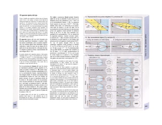 El aparato óptico del ojo
Física. Cuando una superficie esférica hace de barrera
entre el aire y otro medio, se forma al otro lado de Ia
misma una imagen por refracción. Un sistema óptico tan
sencillo (v. A) consta de un foco anterior (en el aire)
(FJ, un foco posterior (F11), un punto principal (H) y un
punto de unión (K). Los rayos provenientes de un punto
alejado (~) se pueden considerar como paralelos. Se
encuentran en Fh, cuando entran paralelos al eje óptico
(ν. Α1, punto rojo). Si entran oblicuos, se reproducen cerca
de Fh, pero en el mismo plano (del foco) (ν. Α1, punto
violeta). Los rayos que proceden de un punto cercano no
son paralelos y se representan detrás del plano del foco
(A2, puntos verde y marrón).
El aparato óptico del ojo está formado por
diversas superficies limitantes y medios: siste-
ma óptico combinado, pero se puede simplifi-
car a un sistema óptico más elemental («óptica
reducida»): todos los rayos de un objeto (G) fi-
jado con el ojo atraviesan K y divergen de nue-
vo (ángulo a) hasta la retina, representando ahí
una imagen (B) (ν. Α2).
Se puede calcular de Ia siguiente manera: si dos puntos
separados entre sí 1 mm y a una distancia de 3 m (tan α
= 1/3.000; α = 0,0175° = 1'), en Ia retina están a 5 µηπ de
distancia. En los casos de agudeza visual normal (v. 348),
estos dos puntos se pueden percibir separados, ya que los
5 µπι en Ia fóvea corresponden a tres conos: dos se
estimulan y el que está entre ellos no.
En la acomodación lejana del ojo los rayos
se reproducen paralelos (punto alejado) en Fh
como un punto («nítido») (v. Bl, punto rojo).
También la retina se localiza exactamente en Fh
en la acomodación lejana, reproduciéndose
una imagen nítida. El mismo ojo durante dicha
acomodación lejana no verá con nitidez un
punto cercano, ya que se reproduce detrás de
la retina (v. Bl, punto verde). En la acomoda-
ción cercana aumenta la curvatura del cristali-
no y, por tanto, su potencia focal (v. más ade-
lante), reproduciéndose el punto cercano en el
plano de la retina (nítido) (ν. Β2, punto verde),
mientras que un punto alejado no se reproducirá
ahora con nitidez, ya que Fh está en el plano de
la retina (ν. Β2, F1J.
El aparato óptico del ojo tiene en su periferia una
potencia focal mayor (v. más adelante) que en Ia
proximidad del eje óptico. Esta aberración esférica se
puede minimizar estrechando Ia pupila.
Por valor o «potencia» focal (unidad: dioptría
[dpt]) de un ojo se entiende el valor inverso a su
distancia focal (m) (distancia FV-H = 0,017 m
en la acomodación lejana: v. Bl). La potencia
focal supone en este caso 1:0,017 = 58,8 dpt,
debida sobre todo a la refracción en la transi-
ción entre Ia córnea y el aire (43 dpt). En la
acomodación próxima máxima (en una persona
joven con agudeza visual normal) la potencia
focal es de 10 a 14 dpt. Este aumento (ca-
pacidad de la acomodación, CA) se calcula de
la siguiente manera: 1/punto cercano 1/pun-
to alejado [rrr1
= dpt]. El punto cercano (PC) es
la distancia a la que todavía ve con nitidez una
persona joven con agudeza visual normal (0,07-
0,1 m). El punto alejado (PA) en losj
emétropes (agudeza visual normal) es infinito
H. La CA se eleva en un PC de 0,1 m, es de-
cir, 10 dpt, ya que 1/°° = O. Va disminuyendo
con la edad debido a la rigidez del cristalino (a
los 50 años: 1 a 3,5 dpt), produciéndose la
presbicia o presfaiopía (v. Cl-3), en la que
la visión lejana no se afecta (v. Cl), mientras
que en la visión cercana (lectura) se deben utili-
zar gafas con una lente convergente (v. C3).
En las cataratas, el cristalino se vuelve opaco. Si se extrae
quirúrgicamente, se debe restituir con una lente
convergente de al menos +15 dpt (lente de catarata o
cristalino artificial en el ojo).
En Ia miopía los rayos paralelos se cruzan por
delante de Ia retina (generalmente porque el globo ocular
es demasiado largo; v. C4). El «punto alejado» está
cercano en Ia miopía (v. CS). Una tente divergente corrige
Ia miopía al divergir los rayos paralelos como si
vinieran de ese «punto alejado» (v. C6) (p. ej., PA =
0,5, se necesita una lente de [-1/0,5 = ] -2 dpt); para
ver con nitidez también de cerca, Ia lente (como en los
emétropes) debe acomodar (v. C7). En Ia hipermetropía, el
globo ocular es demasiado corto. En Ia visión lejana se
debe acomodar Ia cercana (v. C8), para Io que se requiere
parte de Ia capacidad de acomodación, es decir, para ver
de cerca no es suficiente Ia potencia focal (v. C9). Una
tente convergente (+dpt) corrige este defecto de visión (v.
C10 y C11).
Con cierta frecuencia, Ia superficie de Ia córnea está
más curvada en una dirección que en otra (sobre todo Ia
perpendicular). La consecuencia es una diferencia en Ia
potencia focal en ambos planos, de forma que el punto
aparece como una raya (¡un plano sin nitidez!):
astigmatismo regular. Se suele poner de manifiesto en Ia
presbiopía y se puede corregir mediante /entes cilindricas.
 