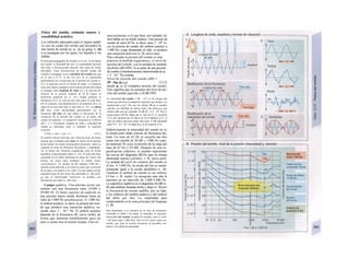 Física del sonido, estímulo sonoro y
sensibilidad acústica
Los estímulos adecuados para el órgano auditi-
vo son las ondas del sonido que proceden de
una fuente de sonido (p. ej., de un gong; v. Al)
y se propagan por los gases, los líquidos y los
sólidos.
El principal propagador de sonidos es el aire. En Ia fuente
del sonido, Ia densidad del aire va aumentando (presión
más alta) o disminuyendo (presión más baja) de forma
alternante. Estas fluctuaciones de presión (ondas del
sonido) se propagan con Ia velocidad del sonido (c), que
en el aire a O 0
C es de 332 m/s. Si se representan
gráficamente las oscilaciones de Ia presión del sonido (ν.
Α1), se aprecian curvas en forma de ondas. La distancia
entre dos puntos contiguos con Ia misma presión del sonido
se designa como longitud de onda (λ) y Ia máxima di-
ferencia de Ia presión respecto de Ia de reposo se
denomina amplitud (a) (ν. Α1). Según aumenta (o
disminuye) Ia λ, se oirá un tono más grave (o más alto).
Por el contrario, una disminución (o un aumento) de a, se
sigue de un tono más bajo (o más alto) (ν. Α1). La altura
del tono viene determinada generalmente por Ia
frecuencia del tono (f), que indica Ia frecuencia de Ia
oscilación de Ia presión del sonido en un punto del
campo de audición. La unidad de frecuencia es el Herzio
(Hz = s~1
). Frecuencia, longitud de onda y velocidad del
sonido se relacionan entre sí mediante Ia siguiente
ecuación:
F (Hz) · λ (m) = c (m · s-1
) [12.1]
En sentido estricto sólo hay una vibración pura, de forma
sinuosa, que se designa como tono. El «tono» de Ia mayoría
de las fuentes de sonido (instrumentos musicales, canto) se
compone de tonos de diferentes frecuencias y amplitudes.
Así se forma una vibración complicada, pero de forma
periódica, el denominado timbre (ν. Α2). El tono más bajo
contenido en el timbre determina Ia altura del «tono» del
mismo, los tonos altos producen el timbre (tonos
concomitantes). Un «primer do del soprano» (440 Hz =
normal) suena diferente si Io canta un tenor que si procede
de un arpa o un órgano o un violin. Un caso aparte son las
superposiciones de dos tonos muy parecidos (v. A3, azul),
ya que el denominado batimiento se produce con
frecuencias muy bajas (v. A3, rojo).
Campo auditivo. Una persona joven oye
sonidos con una frecuencia entre 16.000 y
20.000 Hz. El límite superior de audición en
una persona mayor puede disminuir hasta un
valor de 5.000 Hz (presbiacusia). A 1.000 Hz,
el umbral acústico, es decir, la presión del soni-
do que produce una sensación auditiva, as-
ciende unos 3 · 10~5
Pa. El umbral acústico
depende de la frecuencia (B, curva verde), de
forma que aumenta notablemente para un
tono si suena otro al mismo tiempo. Este en-
mascaramiento es lo que hace, por ejemplo, di-
fícil hablar en un fondo ruidoso. Una presión de
sonido de unos 60 Pa, es decir, unas 2 · 106
ve-
ces Ia presión de sonido del umbral acústico a
1.000 Hz, exige demasiado al oído: se produce
una sensación doloroso (v. B, curva roja).
Para calcular la presión del sonido es más
práctica la medida logarítmica, el nivel de
presión del sonido, con la unidad de medida
decibelio (dB NPS). Si se parte de una presión
de sonido (voluntariamente) determinada de p0
= 2 · 10~5
Pa, resulta:
Nivel de presión del sonido (dB) =
20 · log (ps/Po) [12.2]
donde px es la verdadera presión del sonido.
Esto significa que un aumento del nivel de pre-
sión del sonido equivale a 20 dB NPS.
La intensidad del sonido I [W · rrr2
] es Ia energía del
sonido que atraviesa Ia unidad de superficie por tiempo. I es
proporcional a (px)2
. Por eso, los valores dB no se pueden
calcular con facilidad de forma lineal; dos altavoces que
emiten cada uno por separado 70 dB (Px = 6,3 · 10-2
Pa) no
suman juntos 140 Hz. Dado que el valor de Px (v. ecuación
12.2) solo aumenta por un factor de Í2 al duplicar Ia Y, el
valor de ambos altavoces juntos sólo sería 73 dB (calculado
como V2~ · 6,3 · 10~2
en lugar de px en Ia ecuación 12.2).
Subjetivamente la intensidad del sonido no es
la misma para ondas sonoras de frecuencia dis-
tinta. Un tono de 63 Hz se escucha tan alto
como uno similar de 20 dB y 1.000 Hz cuan-
do aumenta 30 veces la presión de la onda del
tono de 63 Hz (+29 dB). Después de esta es-
pecificación subjetiva, se pueden representar
las curvas del diagrama dB-Hz para la misma
intensidad sonora (¡só/onos; v. B, curva azul).
La unidad del nivel de volumen del sonido es
el fon. A 1.000 Hz, la escala del fon es numé-
ricamente igual a la escala decibélica (v. B).
También el umbral de sonido es un isófono
(4 fon: v. B, verde). La sensación más alta la
tenemos en un intervalo de 2.000-5.000 Hz.
La superficie auditiva en el diagrama Hz/dB (v.
B) está también limitada arriba y abajo (v. B) por
la frecuencia de sonido audible, por un lado,
y los isófonos del umbral auditivo y del umbral
del dolor por otro. Lo importante para
comprenderlo es la zona principal del lenguaje
(v. B).
Para determinar sí el volumen de un tono de frecuencia
invariable es doble o Ia mitad, se introduce el concepto
intensidad del sonido (unidad de medida: sonó [1 sonó
= 40 fonos para 1.000 Hz]). Dos (o 0,5) sonos tienen un
sonido, que para Ia misma frecuencia se perciben con
doble (o Ia mitad) de intensidad.
 