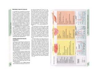 Movilidad y tipos de músculo
La movilidad activa (capacidad de movimiento)
se debe a la interacción de proteínas moto-
ras consumidoras de energía (con actividad
ATPasa), es decir, de la miosina, la cinesina o
la dineína con otras proteínas, como la activa,
o bien a la polimerización y despolimeriza-
ción de la actina y la tubulina. La división ce-
lular (citocinesis), la migración celular (v. 30), el
transporte intracelular de vesículas y la citosis
(v. 12 y s.), la movilidad de los espermatozoides
(v. 306 y s.), el transporte axonal (v. 42), la elec-
tromovilidad de las células pilosas (v. 366) y el
movimiento de los cilios (v. 110) son ejemplos
de la movilidad de la célula y de las organelas.
La musculatura está constituida de células
que pueden acortarse en respuesta a un estí-
mulo. La musculatura esquelética se encarga
del movimiento corporal (locomoción) y de la
convección de los gases respiratorios, la mus-
culatura cardíaca (v. 190 y ss.) se encarga de
la circulación sanguínea y la musculatura lisa
(v. 70) es el motor de los órganos internos y de
los vasos sanguíneos. Estos tipos de músculos
se distinguen entre sí por numerosas caracte-
rísticas funcionales importantes (A).
Unidad motora del músculo
esquelético
A diferencia de una parte de los músculos lisos
(tipo unidad sencilla, v. 70) y del músculo car-
díaco, cuyas fibras (= células musculares) están
acopladas entre sí con uniones en hendi-
dura (A, v. 16 y s.), las fibras contráctiles del
músculo esquelético no se estimulan por las cé-
lulas musculares vecinas, sino por la motoneu-
rona correspondiente (¡parálisis después de la
sección del nervio!).
Una motoneurona concreta constituye junto
con todas las fibras musculares que inerva una
unidad motora (UM). Las fibras musculares
de una unidad motora se pueden repartir en
una zona amplia de la superficie muscular
(1 cm2
). La motoneurona garantiza su inerva-
ción mediante colaterales y ramas terminales
(v. 42). El número de fibras musculares inerva-
das por una motoneurona oscila desde 25
(músculos de la mímica) hasta más de 1.000
(músculo temporal).
Se distinguen tres tipos de fibras muscula-
res: de contracción lenta (tipo S ¡stow] o 1) y
de contracción rápida (tipo F [fast] o 2), con
dos subtipos FR (= 2A) y FF (= 2B). CorM
cada UM comprende sólo un tipo de fibreB
esta clasificación se puede aplicar también
para ellas. Las fibras de tipo S son mene
sensibles al cansancio y consiguen una coH
tracción duradera. Contienen muchas mitfl
condrias, capilares y gotas de grasa (depósito
de sustrato rico en energía) y mioglobina (de-
pósito a corto plazo de O2) (fibras rojas·
tienen un metabolismo oxidativo muy desar·
liado (v. 72). Las fibras de tipo F sufren con-
tracciones rápidas de corta duración, se ago-
tan con facilidad (FF > FR), contienen muc·
glucógeno (FF > FR) y menos mioglobina (FF
<FR).
La distribución de las fibras cambia según
el'tipo de músculo: en los músculos «rojos·
(como el soleo, que realiza el trabajo de mante-
nernos de pie) predominan las UM de tipo S,
mientras que en los «blancos» (como el gas-
trocnemio, para las carreras rápidas) lo hacen
las de tipo F. Además, estos tipos se pueden
intercambiar entre sí. Por ejemplo, si en las·
bras de tipo F se produjera un incremento cró-
nico de la concentración citosólica de CaM
por una activación sostenida, se volverían de
tipo S.
Se puede graduar la actividad muscular, por-
que a veces se activan más unidades motoras y
otras menos (reclutamiento distinto de U·
Cuantas más UM tenga un músculo, con más
fineza se puede regular su contracción, Io que
justifica que la regulación de la musculatura
externa de los ojos (con 2.000 UM) sea más
fina que la de los músculos lumbricales (con
100 UM). Además, cuantas más UM se KiM
ten, más potente será la contracción. El íipo
de mouimiento determina si se reclutan maso
menos UM y si son lentas o rápidas (delicado
o grosero, contracción intermitente o duradera,
actividad refleja, esfuerzo voluntario, et· La
potencia de cada UM se puede aumentar
elevando la frecuencia de los impulsos neuro-
nales (tetanización del músculo esquelético,
v. 67, A).
 