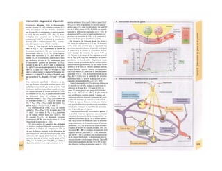 Intercambio de gases en el pulmón
Ventilación alveolar. Sólo la denominada
porción alveolar (V,) del volumen corriente (V0)
entra en contacto con los alvéolos, mientras
que el resto (VEM) corresponde al espacio muerto
(v. 114). De esta forma VA = Vc - VEM [I]. Si se
multiplica esta ecuación por la frecuencia
respiratoria f (min"1
) se obtiene la ventilación
alveolar: (VJ = volumen minuto (VJ - ventila-
ción del espacio muerto (VJ [1 · mirr1
].
Como el VEM depende de la anatomía, el
valor de VEM (= VEM · f) aumentará al hacerlo la
frecuencia respiratoria. De esta forma para un
determinado valor de V11 (= V0 · f) las respira-
ciones más frecuentes (f T), pero menos pro-
fundas (Vc I) («respiración superficial») hace
que disminuya el valor de VA fundamental para
el intercambio gaseoso al aumentar el VEM.
Ejemplo: si para un V11 de 8 I · mirr1
se produce un
VEU de0,15I con una frecuencianormalde16 mirr1
, el
valor de VA sería 5,6 I · mirr1
(= 70% del VJ; este
valor se reduce cuando se duplica Ia frecuencia res-
piratoria (y el valor de V0 se reduce a Ia mitad), aun-
que no cambie el V11, llegando a 3,2 I miir1
= 40% del
V11.
Una respiración superficial o dificultosa (p. ej.,
tras una fractura dolorosa de costillas) puede difi-
cultar la renovación del gas en los alvéolos. Este
fenómeno también se produce cuando el espa-
cio muerto aumenta de forma artificial (v. 134).
El consumo de O2, V02, se puede calcular como
la diferencia entre el volumen de O2
inspirado/tiempo (= VM ·. Fi02) y el volumen de
O2 espirado/tiempo (V1, · FE02J, de forma que
V02 = VM · (Fl02 - FE02) (valor de reposo V02
aprox. 8 ¡0,21 - 0,17] = 0,32 1 · min-1
).
La eliminación de CO2, VCO2, se calcula
como VM · FECO2 (Fl002 <= O), en reposo unos 0,26
1 · min"1
. Los valores de V02 y VCOz aumentan
en un trabajo intenso hasta diez veces (v. 74).
El cociente VCO2/VO2 se denomina cociente
respiratorio (CR), que oscila entre 0,7-1 en
función de la nutrición (v. 228).
EI intercambio de gases en los alvéolos
se produce mediante difusión siguiendo la ley
de difusión de Fick (v. 22, compare con 1.7), en
la que la fuerza tractora es la diferencia de
presión parcial entre el espacio alveolar y los
eritrocitos del capilar pulmonar (A). Como la
presión parcial alveolar media para el O2
(PA02) es 13,3 kPa y para CO2 (PA002) 5,3 kPa y
la presión parcial en ¡a sangre «venosa» de la
arteria pulmonar (Pv02) es 5,3 kPa y para CO2 I
(Pv002) 6,1 kPa, el gradiente de presión parcial·
medio para el O2 entre los alvéolos y los capil^H
res es 8 kPa y para el CO2 0,8 kPa en sentidt·
opuesto (v. diferencias regionales en v.. 122). Sl
disminuye la PA002 (en la hiperventilación), sej
produce un aumento de PA02 y al contrario j
(ecuación de los gases alveolares, v. 136).
La distancia de difusión desde los alvéo-j
los hasta los eritrocitos es 1-2 µηι, lo bastante
corta como para permitir que se equiparen lasj
presiones parciales durante el período en el que]
el eritrocito y el alvéolo se encuentran en con·
tacto (tiempo de contacto, en reposo 0,75 s;j
A). Por eso en la sangre de los capilares arterial
les la Pa02 y la Pa002 son similares a las corres!
pendientes en los alvéolos. Después se vierte
sangre venosa procedente de los cortocircuitos
arteriovenosos pulmonares, de las venas broM
quiales y de la vena de Tebesio cardíaca hacia la
sangre arterial: mezcla venosa extraalueolar
(B). Esta mezcla es, junto con la falta de homol
geneidad V/Q (v. 122), la responsable de que la
Pa02 de 13,3 kPa (tras la salida de los alvéolos
disminuya hasta 12 kPa en la aorta (con la con-'
siguiente elevación de la PaCO2) (A y v. 107).
Para e! intercambio de CO2 sirve una diferencia
de presión de 0,8 kPa, ya que el coeficiente de
difusión de Krogh K (v. 22) para el CO2 eá
unas 23 veces mayor que para el O2 (tejidos
Ko2 = 2,5 · 10-16
m2
· s-1
· Pa-1
), lo que perm· te
que su difusión sea más rápida. Cuando sel
realiza un esfuerzo corporal (¡aumento del gasto
cardíaco!) el tiempo de contacto se reduce hasta .;
1/3 del de reposo. Cuando existe una obstruc·
ción para la difusión se produce una mayor diíi»
cuitad para conseguir el equilibrio de presiones
con el ejercido que en reposo.
Las alteraciones del intercambio gaseo- J
so pueden tener las siguientes causas fundal
mentales: disminución de la circulación en <m
capilares alveolares (p. ej., en el infarto pulmo-
nar; B2); existe un obstáculo para la difusión
(engrosamiento de la membrana en el edema
pulmonar; B3); los alvéolos no están aireados
(cuando se aspira un cuerpo extraño; B4). En
los casos B2 y B3 se produce un aumento dell
espacio muerto funcional (v. 114), mientras
que en B3 y B4 se produce una arterialización
de la sangre insuficiente, la denominada mezcla
venosa alveolar con la sangre arterial. Las «alB
teraciones» graduales de tipo B2 y B4 se pue-
den observar incluso en personas sanas (v. 122).
 