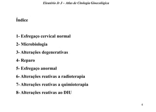 4 
Eleutério Jr J – Atlas de Citologia Ginecológica 
Índice 
1- Esfregaço cervical normal 
2- Microbiologia 
3- Alterações degenerativas 
4- Reparo 
5- Esfregaço anormal 
6- Alterações reativas a radioterapia 
7- Alterações reativas a quimioterapia 
8- Alterações reativas ao DIU  