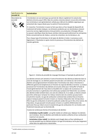 ICP mbH 
Spécificat
procédé 2
Descriptio
procédé 
 
               
7
 me1065.w
tions du 
2d 
on du 
     
                      
wikidot.com/was
Incinératio
L’incinération
déchets entra
Les incinérat
présentent d
En revanche,
traitement d
suivre les nor
Le pouvoir ca
fortes consom
Pour chaque 
légèrement. 
manière géné
Figure 6 –
Les déchets e
zone de stock
déchets sont
différente ga
provenant de
travail (génér
ensuite trans
des déchets b
peut être uti
ensuite être 
vapeurs toxiq
filtre les gaz d
l'épurateur, l
particules fin
finalement év
Il existe de no
- Incinérat
vers le br
maximum
- Incinérat
tournés p
utilisé da
                       
te‐incineration 
on 
n est une tech
ants jusqu’à 9
eurs sont gén
es risques éle
 l’incinération
e fumées toxi
rmes régleme
alorifique élev
mmatrices de
type d'inciné
L’illustration c
érale. 
– Schéma du p
entrant sont a
kage (1). Les d
 progressivem
mme de temp
e l'incinération
ralement de l'
smise à un gén
brûlés tomben
lisé pour rama
recyclés. Les g
ques passent e
de combustio
es gaz peuven
es qui réduit 
vacuées par la
ombreuses fo
teur à grille m
rûleur. Ainsi le
m est assurée.
teur à four rot
pendant que l
ns les applica
‐ 8 ‐
hnique qui pe
95%. Mais les 
néralement ut
evés pour la sa
n ne peut se fa
iques. Les ém
entaires et de 
vé des boues s
e chaleur, com
rateur et de t
ci‐après mont
procédé de cr
amenés à l'usi
déchets passe
ment introduit
pératures en f
n des déchets
'eau) dans la c
nérateur de tu
nt dans une z
asser les méta
gaz de combu
ensuite à trav
on et extrait le
nt ensuite pas
encore la tox
a cheminée (8
ormes d'inciné
mobile : une gr
es déchets son
. 
tatif : les déch
es déchets br
tions industri
rmet de rédui
cendres resta
ilisés pour dé
anté et l'envir
aire que dans
issions produ
permettre un
séchées intére
mme les cimen
types de déch
tre le processu
aquage therm
ne d'incinérat
ent ensuite da
ts dans l'inciné
fonction du ty
s est ensuite u
chaudière (4).
urbine pour p
one de collect
aux restants d
ustion contena
vers un réacte
es polluants ac
sser à travers 
icité des gaz d
8). 
érateurs de dé
rille mobile es
nt brûlés de m
hets sont char
rûlent. Ce type
elles. 
ire rapidemen
antes doivent 
truire les déch
ronnement. 
un four équip
ites par ces in
ne production 
esse particuliè
tiers, les incin
ets à traiter, l
us d'incinérat
mique à l’exem
tion des déche
ns une trémie
érateur (3). Ce
ype de déchet
utilisé pour réc
. La vapeur de
roduire de l'é
te (5). A ce sta
dans les cendr
ant des cendre
ur d'épuratio
cides tels que 
un système d
de combustion
échets: 
st utilisée pou
manière unifor
rgés dans un f
e d'incinérate
nt le volume d
encore être é
hets organiqu
pé de disposit
ncinérateurs d
 d'énergie eff
èrement les e
nérateurs, etc
e processus v
tion des déche
mple du pétro
ets et déversé
e (2). De la tré
elui‐ci fonctio
ts à incinérer.
chauffer le flu
e ce processus
électricité. Les
ade, un électr
res qui pourra
es fines et d'a
n (6). Cet épu
le SO2 et les t
d'élimination d
n (7). Les fum
r déplacer les
rme et leur co
four cylindriqu
ur est le plus 
18.09.2014 
des 
éliminées. 
ues qui 
tifs de 
doivent 
ficace. 
ntreprises 
c. 
varie 
ets de 
 
le brut7
 
és dans la 
émie, les 
onne à 
 La chaleur 
uide de 
s est 
 cendres 
ro‐aimant 
aient 
autres 
urateur 
toxines. De 
des 
ées sont 
s déchets 
ombustion 
ue et 
largement 
 