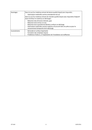 ICP mbH  ‐ 2 ‐  18.09.2014 
Avantages  Dans le cas d’un matériau entrant de bonne qualité (Input) sans impuretés : 
- Valorisation matérielle comme amendement de sol 
Dans le cas d’un matériau entrant de moindre qualité (Input) avec impuretés (l’objectif 
étant d’enfouir le matériau en décharge) : 
- Réduction des émissions (lixiviats, gaz) 
- Réduction de la teneur en eau 
- Réduction de la quantité de déchets à enfouir en décharge 
- Valorisation matérielle comme matériau structurant dans les piles ou pour le 
recouvrement temporaire de la décharge 
Inconvénients  - Demande en surface importante 
- Formation des employés requise 
- Problèmes d’odeurs, si l’exploitation de l’installation est ineffective 
   
 