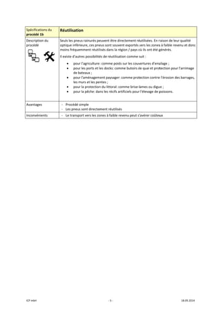 ICP mbH 
Spécificat
procédé 
Descriptio
procédé 
 
Avantage
Inconvén
 
 
tions du 
1b 
on du 
     
es 
ients 
Réutilisatio
Seuls les pneu
optique infér
moins fréque
Il existe d'aut
• pour
• pour
de b
• pour
les m
• pour
• pour
 
- Procédé s
- Les pneus
- Le transpo
 
on 
us rainurés pe
ieure, ces pne
mment réutil
tres possibilité
r l’agriculture:
r les ports et l
ateaux ; 
r l'aménagem
murs et les pen
r la protection
r la pêche: dan
simple 
s sont directem
ort vers les zo
‐ 5 ‐
euvent être di
eus sont souve
isés dans la ré
és de réutilisa
: comme poid
es docks: com
ent paysager:
ntes ; 
n du littoral: c
ns les récifs a
ment réutilisé
ones à faible r
irectement ré
ent exportés v
égion / pays o
tion comme s
ds sur les couv
mme butoirs d
: comme prot
omme brise‐l
rtificiels pour 
és 
evenu peut s’
utilisées. En r
vers les zones
où ils ont été g
suit : 
vertures d’ens
e quai et prot
ection contre
ames ou digu
l'élevage de p
avérer coûteu
raison de leur 
s à faible reve
générés. 
silage ; 
tection pour l
e l'érosion des
ue ; 
poissons. 
ux 
18.09.2014 
qualité 
nu et donc 
'arrimage 
s barrages, 
 