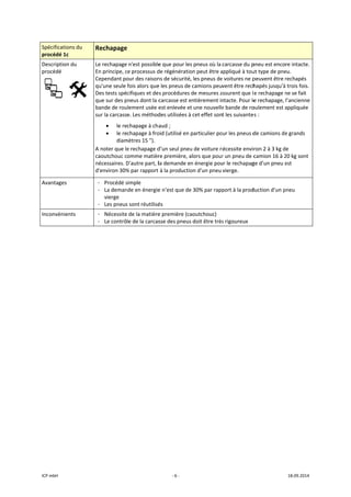 ICP mbH 
Spécificat
procédé 
Descriptio
procédé 
 
Avantage
Inconvén
 
 
tions du 
1c 
on du 
     
es 
ients 
Rechapage
Le rechapage
En principe, c
Cependant po
qu'une seule 
Des tests spé
que sur des p
bande de rou
sur la carcass
• le re
• le re
diam
A noter que le
caoutchouc c
nécessaires. D
d'environ 30%
- Procédé s
- La deman
vierge 
- Les pneus
- Nécessite
- Le contrô
 
e 
 n'est possible
ce processus d
our des raison
fois alors que
cifiques et de
pneus dont la c
lement usée e
e. Les méthod
chapage à cha
chapage à fro
mètres 15 "). 
e rechapage d
omme matièr
D’autre part, l
% par rapport 
simple 
nde en énergie
s sont réutilisé
e de la matière
le de la carcas
‐ 6 ‐
e que pour les
de régénératio
ns de sécurité
e les pneus de
es procédures 
carcasse est e
est enlevée et
des utilisées à
aud ; 
oid (utilisé en 
d’un seul pneu
re première, a
la demande e
 à la productio
e n’est que de
és 
e première (ca
sse des pneus
s pneus où la 
on peut être a
, les pneus de
e camions peu
de mesures a
entièrement in
t une nouvelle
à cet effet son
particulier po
u de voiture n
alors que pou
n énergie pou
on d'un pneu 
e 30% par rap
aoutchouc) 
s doit être très
carcasse du p
appliqué à tou
e voitures ne p
vent être rech
assurent que l
ntacte. Pour le
e bande de ro
t les suivante
our les pneus d
nécessite envir
r un pneu de c
ur le rechapag
vierge. 
port à la prod
s rigoureux 
pneu est enco
ut type de pne
peuvent être 
hapés jusqu'à
e rechapage n
e rechapage, 
oulement est a
es : 
de camions de
ron 2 à 3 kg d
camion 16 à 2
ge d’un pneu e
duction d’un p
18.09.2014 
re intacte. 
eu. 
rechapés 
 trois fois. 
ne se fait 
l’ancienne 
appliquée 
e grands 
e 
20 kg sont 
est 
pneu 
 