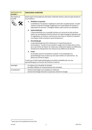 ICP mbH 
Spécificat
procédé 
Descriptio
procédé 
 
Avantage
Inconvén
 
               
5
 www2.ad
tions du 
1 
on du 
     
es 
ients 
                      
eme.fr/servlet/K
Valorisatio
Quatre types
accumulateu
a. Dist
La d
subi
vapo
b. Hyd
L’hy
salin
tri m
une 
c. Pyro
La p
accu
qui v
tem
d. Fusi
Ce p
pyro
plom
A noter que l
pyrométallur
- Les méta
- Les effets
- Certaine 
- Certaine 
 
                       
KBaseShow?catid=
on matériell
s5
 de procédés
rs : 
illation et pyr
istillation et la
ssent d’abord
orisation du m
rométallurgie
ydrométallurg
nes, les accum
magnétique, le
attaque acide
ométallurgie
yrométallurgi
umulateurs : le
va permettre 
pératures d’é
on 
procédé conce
ométallurgie m
mb sous forme
a filière hydro
rgique en fonc
ux sont récup
s néfastes sur 
technologie s
technologie n
=14813 
‐ 3 ‐
le 
s de valorisati
rolyse 
a pyrolyse s’a
d un broyage c
mercure. L’am
e 
ie est un proc
mulateurs Ni‐C
es fractions no
e ou basique à
ie peut être u
es piles et acc
de séparer le
évaporation de
erne les batte
mais ne donne
e de lingots.
ométallurgiqu
ction des fract
pérés et réutili
l’environnem
sont complexe
nécessite un p
on matérielle
pplique en pa
cryogénique s
malgame obten
cédé chimique
Cd et lithium‐i
on ferreuses s
à basse tempé
tilisée pour la
cumulateurs u
s métaux par 
es métaux) et
ries au plomb
e qu’une seule
ue est parfois 
tions à valoris
isés 
ment sont min
es et coûteuse
processus inte
e existent, selo
articulier aux p
sous azote liqu
nu subira ensu
e qui concerne
on. Après bro
sont mises en 
érature ; 
a majorité des
usagés sont in
condensation
t par différenc
b. Il est compa
e matière en s
complétée pa
ser. 
imisés 
es 
nsif en énergi
on les types d
piles bouton :
uide afin d’év
uite une distil
e les piles alca
oyage et sépar
solution et su
s piles et 
ntroduits dans
n (grâce aux d
ce de densité 
arable à la 
sortie de four
ar une voie 
ie 
18.09.2014 
e piles et 
 les piles 
viter la 
lation. 
alines‐
ration par 
ubissent 
s un four 
ifférentes 
; 
r : du 
 